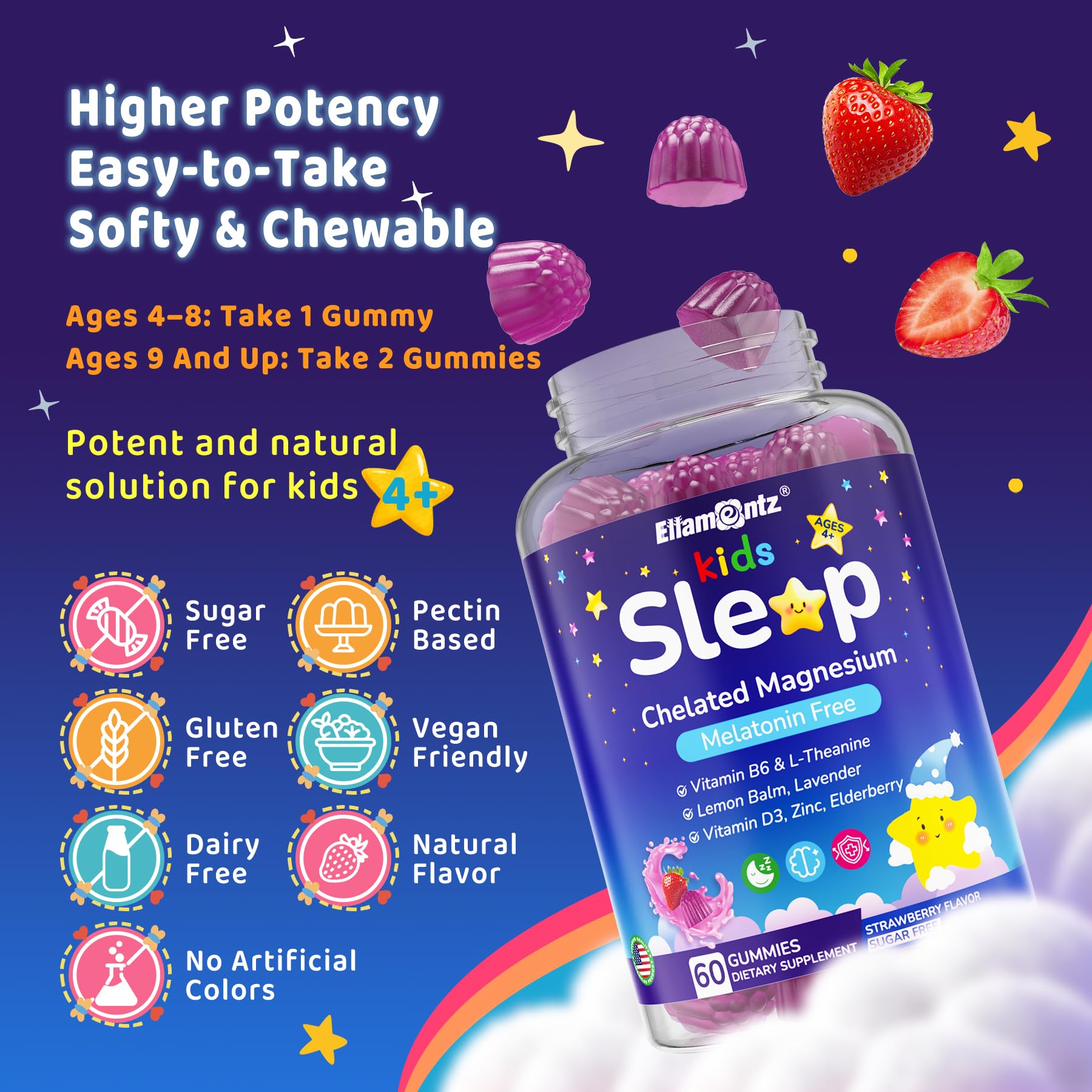 Kids Sleep Gummies, NO Melatonin Sleep Aid Gummies w/ Magnesium Glycinate, Magnesium Malate, L-Theanine, Lavender, B6, Zinc, D3K2 for Restful Sleep, Relax Brain & Muscle, Immune Support, Non-GMO 2Pack