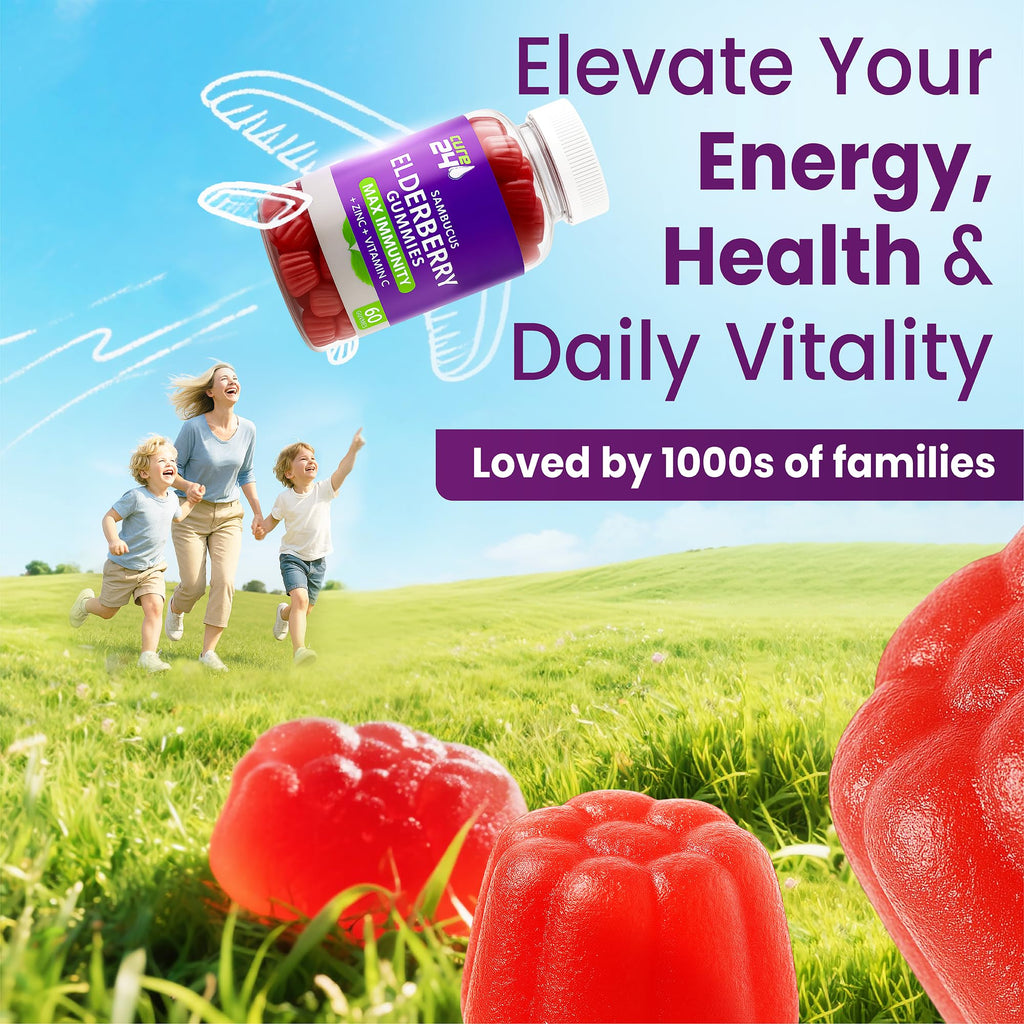 Sambucus Elderberry Gummies + Vitamin C + Zinc for Kids & Adults, X3 Immune Support, Natural Flavors + Ingredients, Vegan, Non-GMO, Made in USA (60)