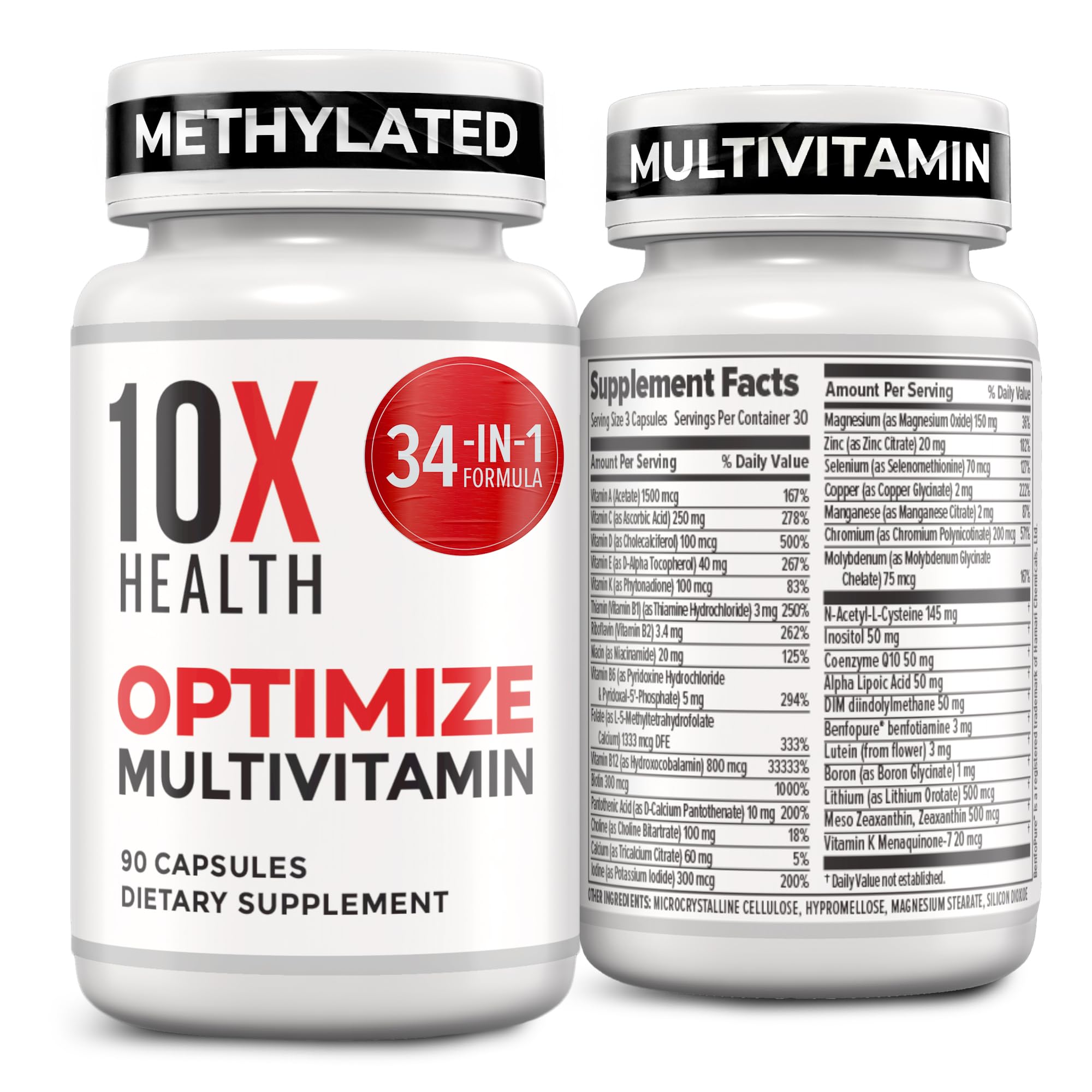 10X Health Methylated Multivitamin - 90 Capsules | Mthfr Supplement: 34-in-1 Formula, 800mcg B12, 5-MTHF & NAC, Methyl B Complex, Non-GMO