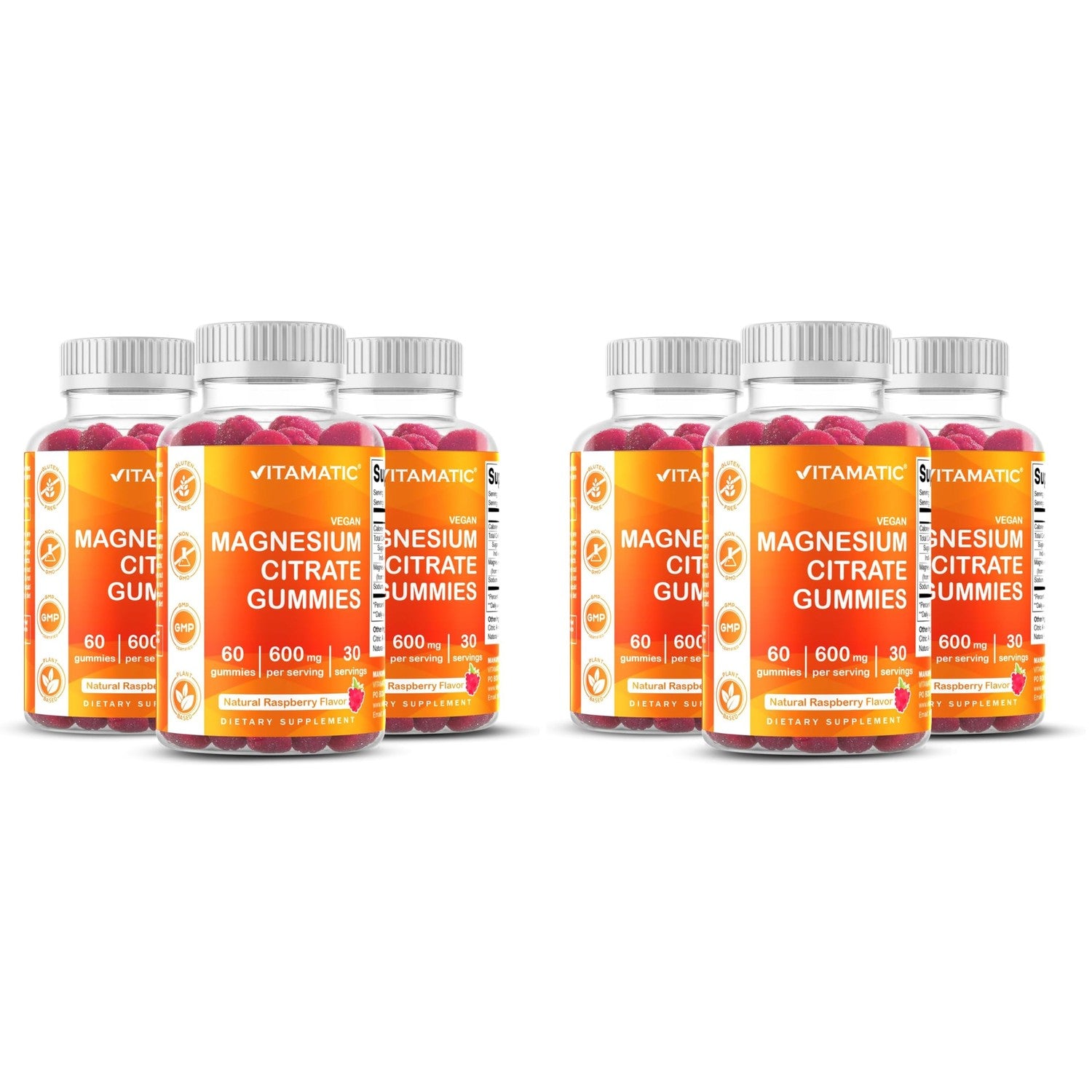Vitamatic Magnesium Citrate Gummies, 600 mg, 60 Vegan Gummies | 600 mg Magneisum Citrate Per Serving with 70 mg of Elemental Mg, Natural Raspberry Flavor, Non-GMO, Gluten Free, Pectin Based