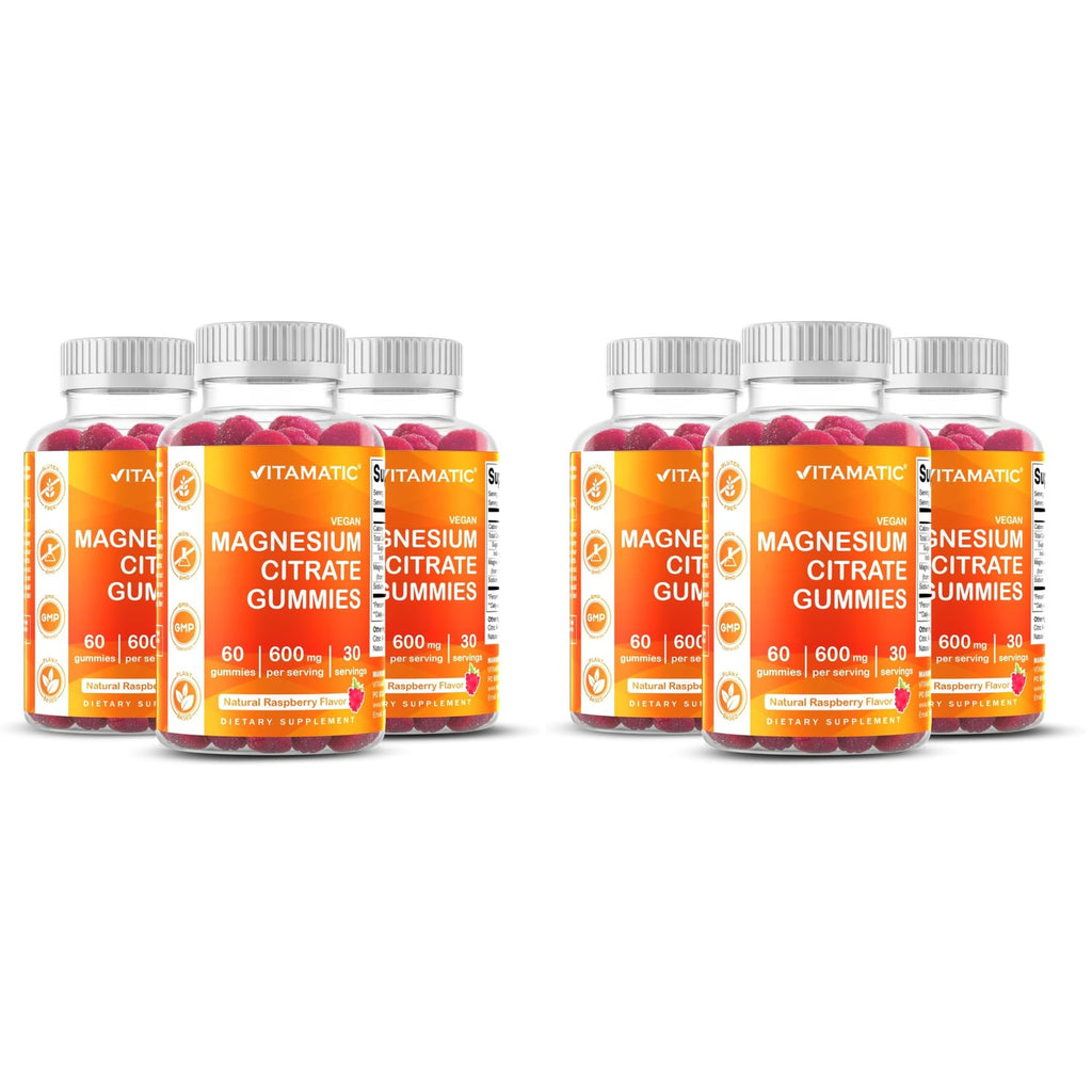 Vitamatic Magnesium Citrate Gummies, 600 mg, 60 Vegan Gummies | 600 mg Magneisum Citrate Per Serving with 70 mg of Elemental Mg, Natural Raspberry Flavor, Non-GMO, Gluten Free, Pectin Based