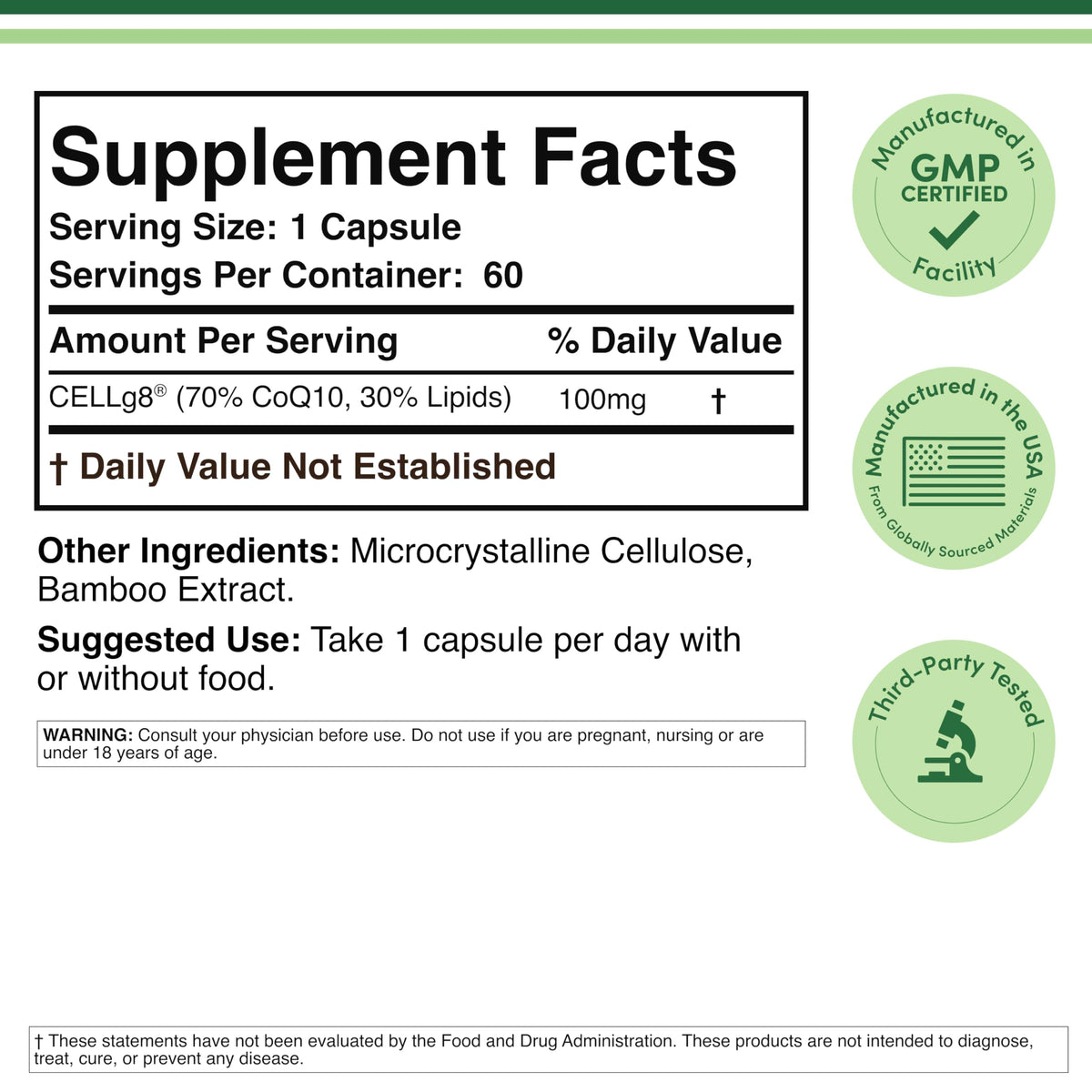 Liposomal CoQ10 100mg CELLg8, Energy + Heart Health Support, 60 Capsules
