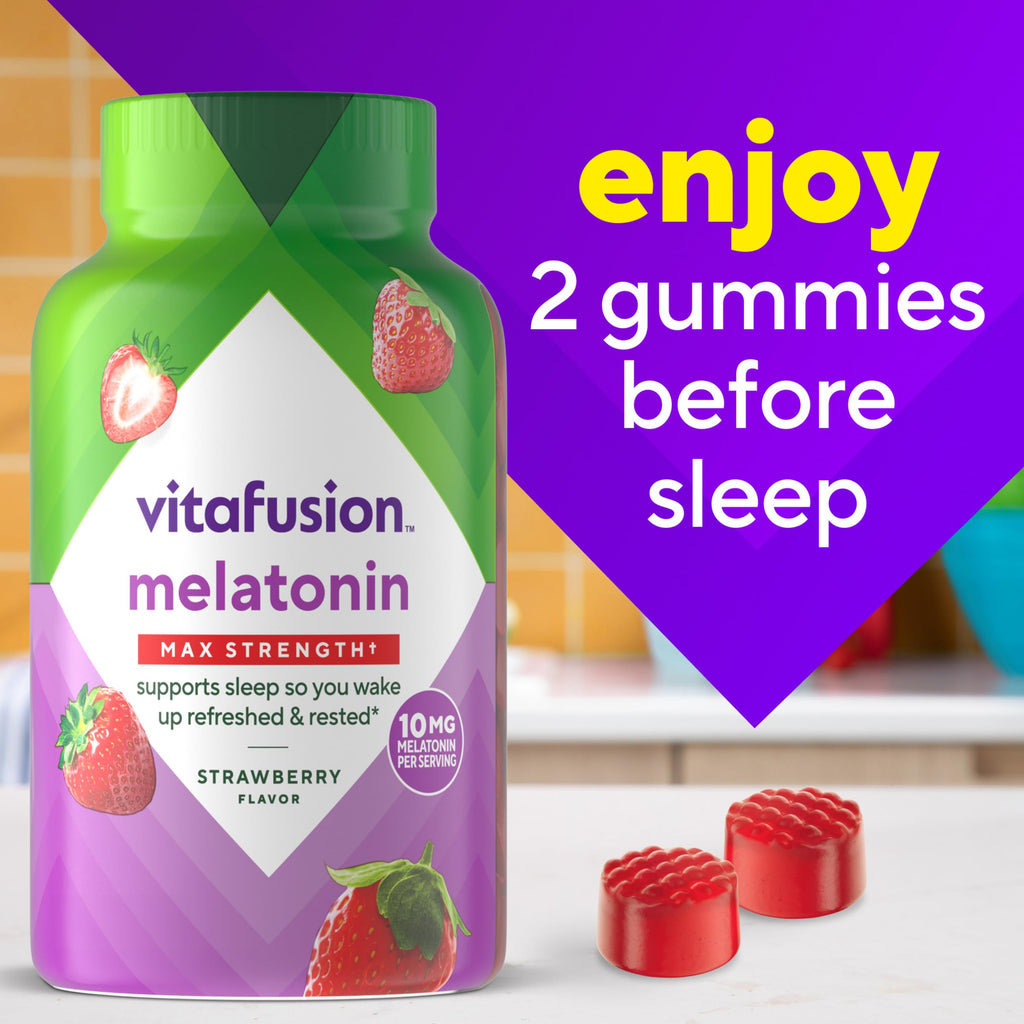 Vitafusion Melatonin Gummies | 10mg | 100 Count | Max Strength Gummy for Adults | Strawberry Flavor | Gluten-Free Supplement