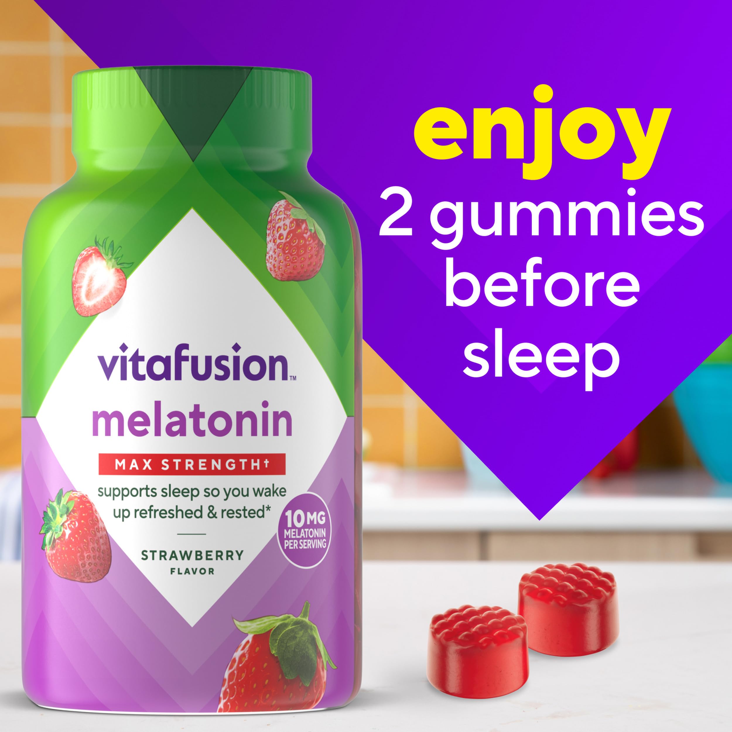 Vitafusion Melatonin Gummies | 10mg | 100 Count | Max Strength Gummy for Adults | Strawberry Flavor | Gluten-Free Supplement