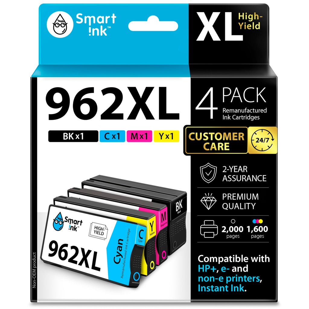Smart Ink Remanufactured Ink Cartridges Replacement for HP 962XL 962 XL Combo Pack (962XL Black, Cyan, Magenta, Yellow) to use with OfficeJet Pro 9015e 9018e 9025e 9012e 9015 9010 9012 9018 9020 9025