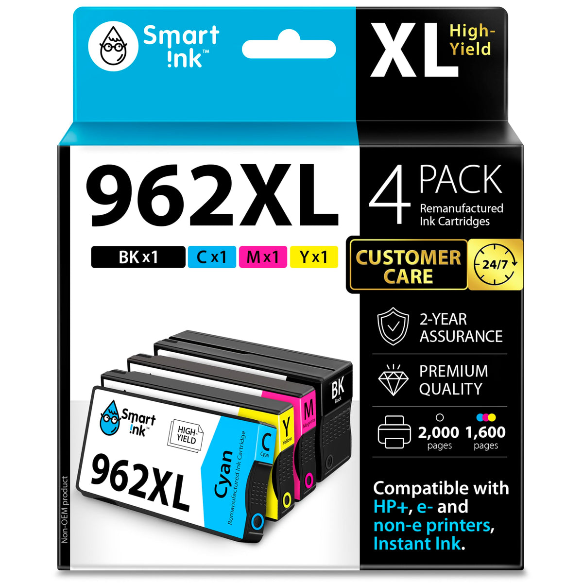Smart Ink Remanufactured Ink Cartridges Replacement for HP 962XL 962 XL Combo Pack (962XL Black, Cyan, Magenta, Yellow) to use with OfficeJet Pro 9015e 9018e 9025e 9012e 9015 9010 9012 9018 9020 9025