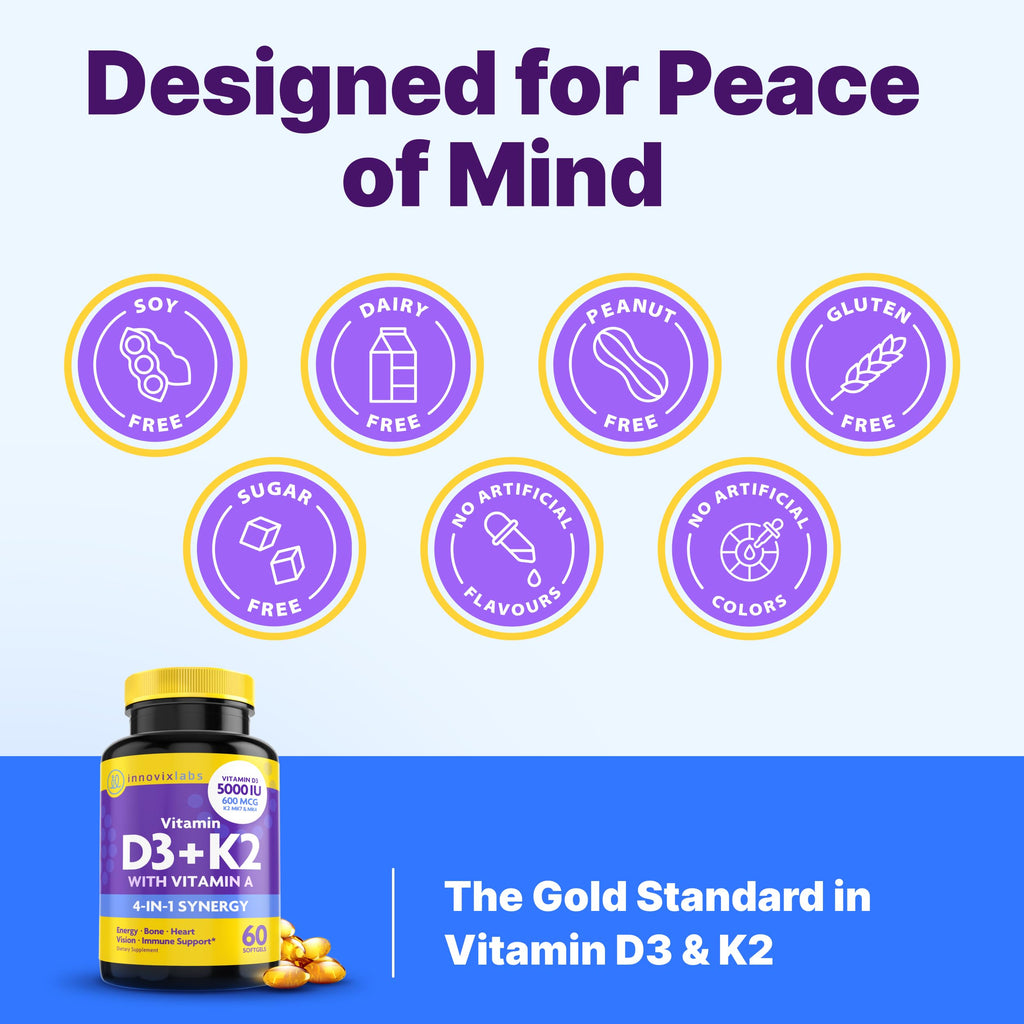 InnovixLabs D3 K2 Vitamin 5000 IU Supplement with Vitamin A (60 Softgels) (Pack of 2)