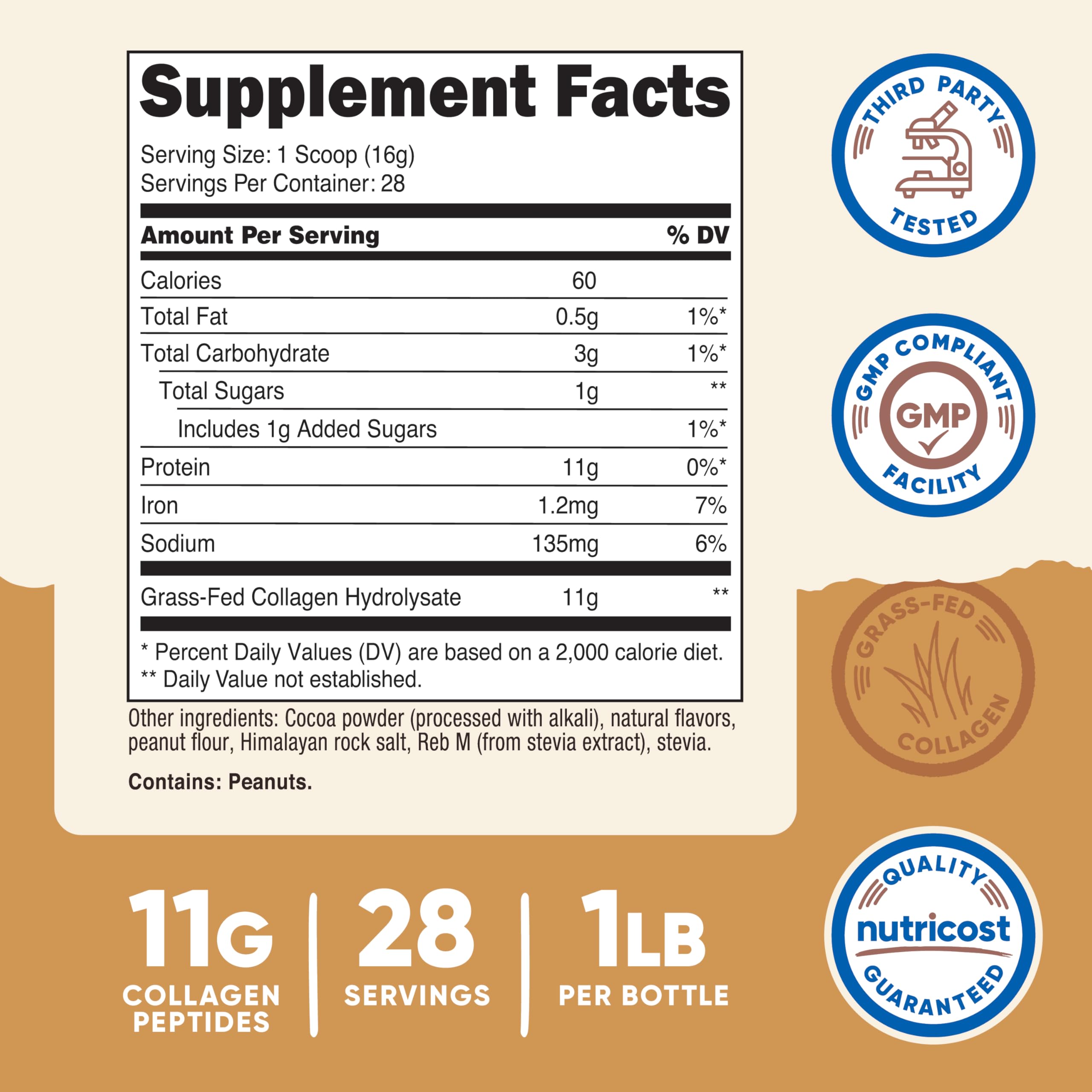 Nutricost Collagen Peptides Powder (Chocolate Peanut Butter) 1 LB | Grass-Fed Collagen Hydrolysate, Gluten-Free