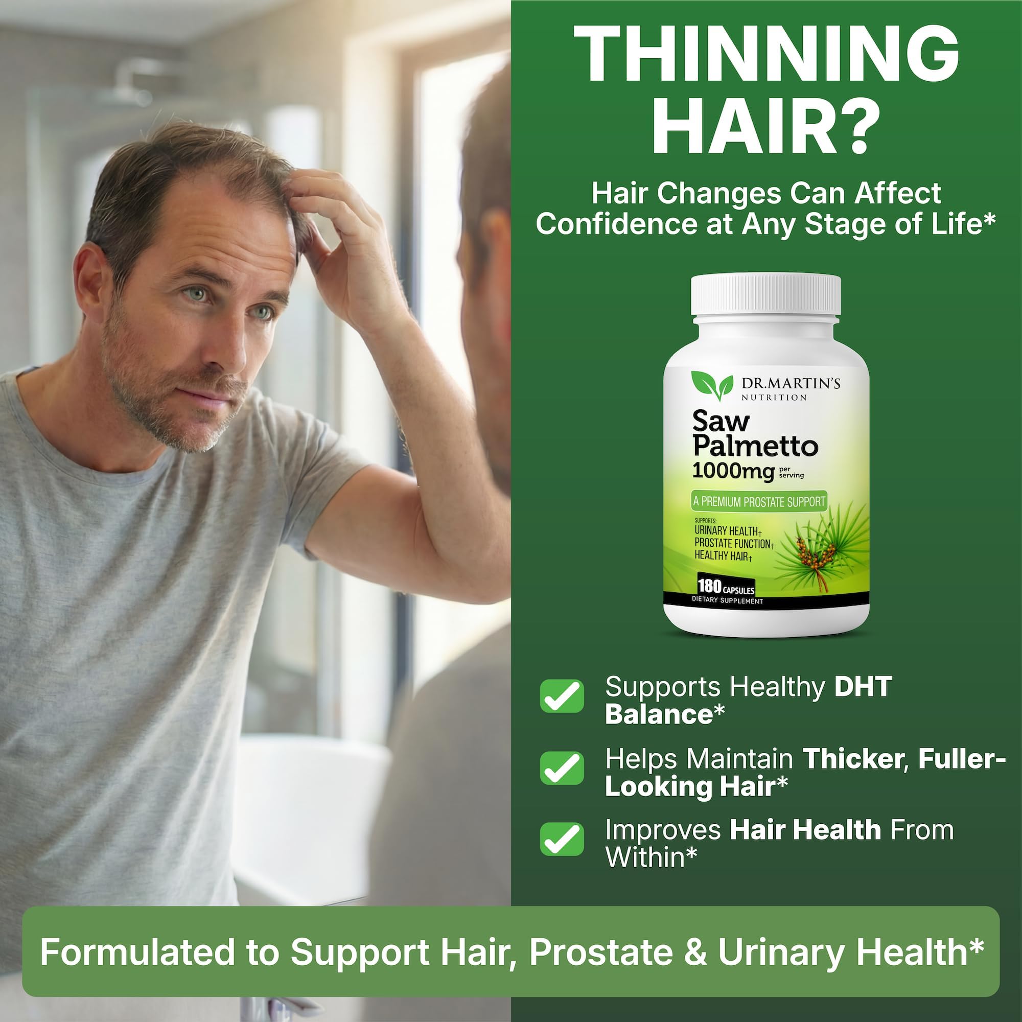 USA Grown Saw Palmetto | 180 Capsules Prostate Health Supplement | Hair Growth for Men & Women | Support to Help Maintain Normal Urination Frequency & Natural DHT Blocker to Help Prevent Hair Loss