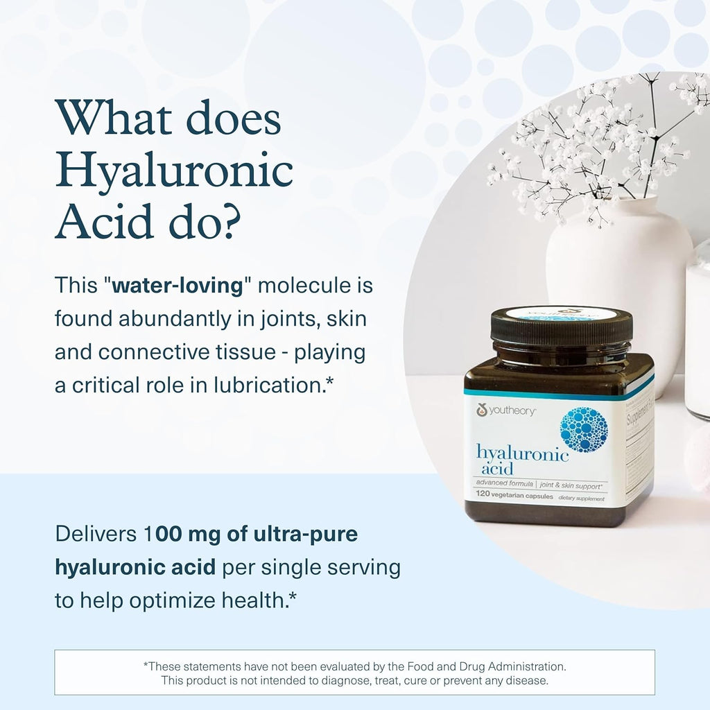 Buy now Youtheory Hyaluronic Acid Advanced Formula - Joint Support Supplement with Boswellia Extract* - Skin Health Supplement - Dairy, Soy & Gluten Free - 120 Vegetarian Capsules at indiglob india