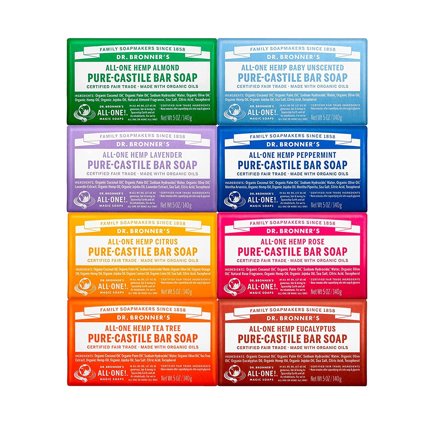 Dr. Bronner's Pure-Castile Magic Bar Soaps (5 Ounce Variety Gift Pack) Almond, Unscented, Lavender, Peppermint, Citrus, Rose - Made with Regenerative Organic Certified Oils, Vegan, Non-GMO