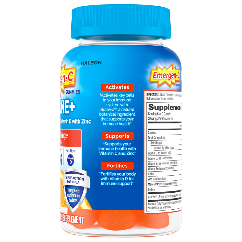 Emergen-C Vitamin C 750mg Immune Support Gummies, Orange, 45 Gummies | BetaVia Immune Plus, Vitamin D, B Vitamins, Zinc and Manganese, Triple Action, Chewable Gummies