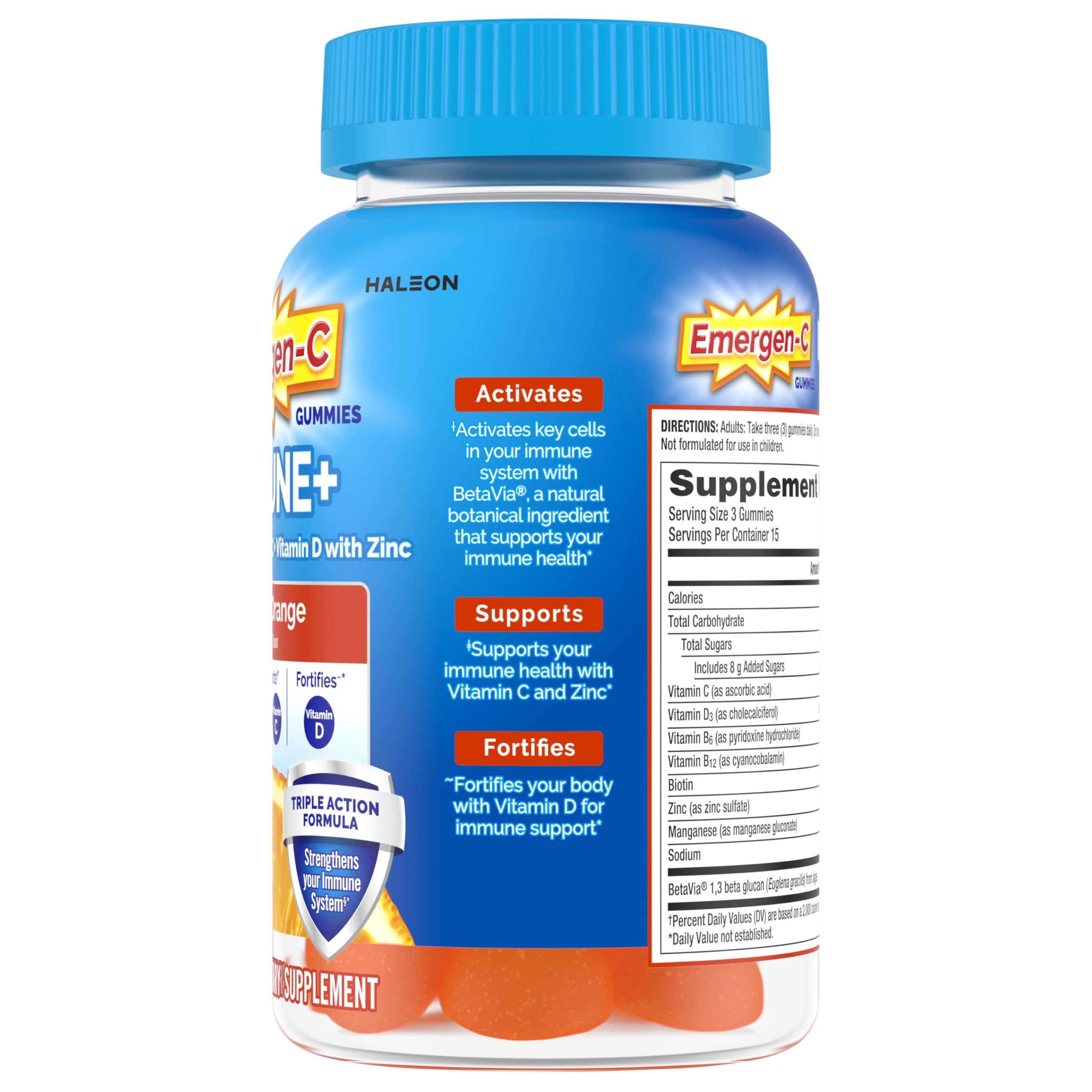 Emergen-C Vitamin C 750mg Immune Support Gummies, Orange, 45 Gummies | BetaVia Immune Plus, Vitamin D, B Vitamins, Zinc and Manganese, Triple Action, Chewable Gummies