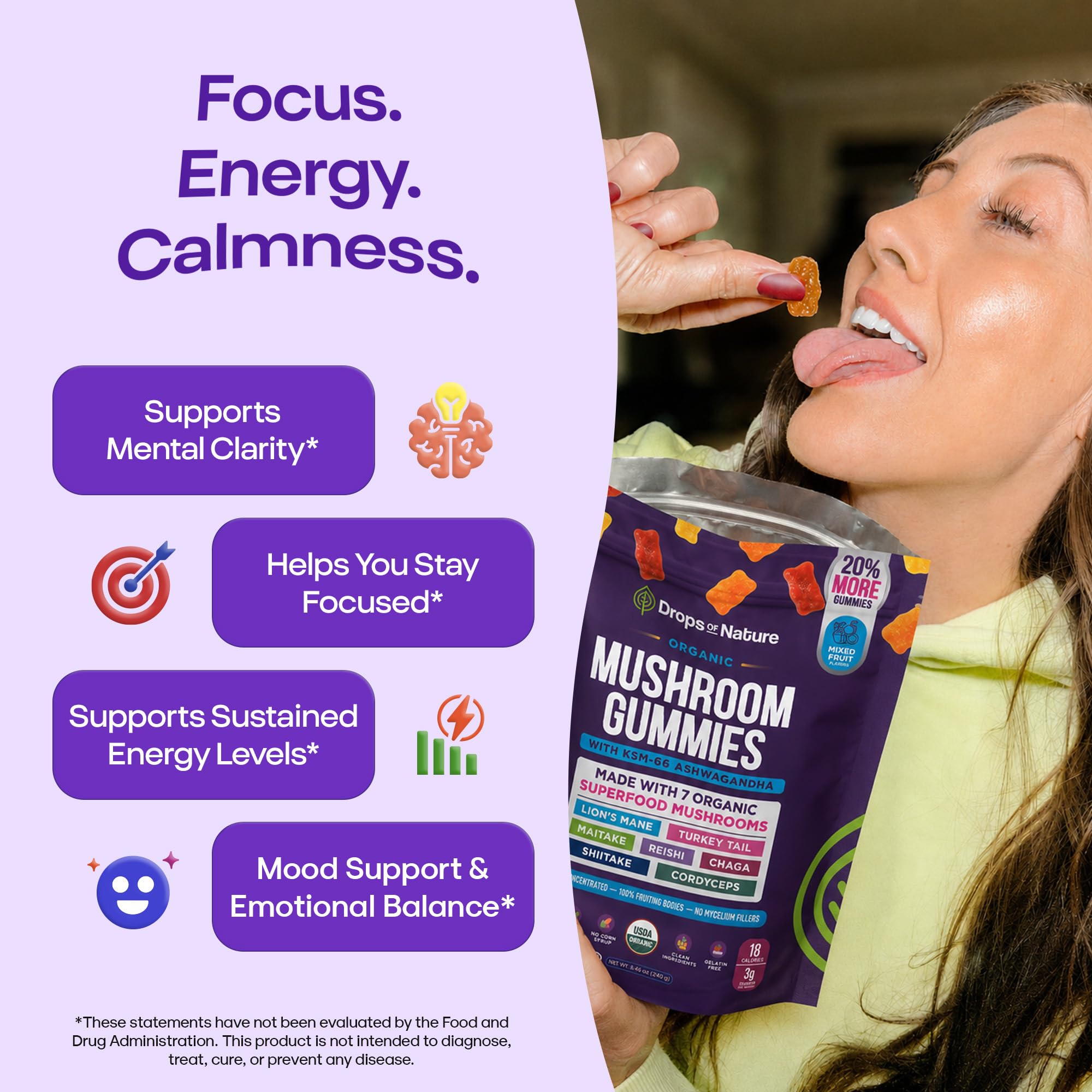 Drops Of Nature Organic Mushroom Gummies & Ashwagandha - Mixed Berry, 80 ct | KSM-66 Ashwagandha Gummies with 7 Superfood Mushroom Lions Mane Reishi Turkey Tail Chaga & More, Low Carb Vegan, Gelatin-Free
