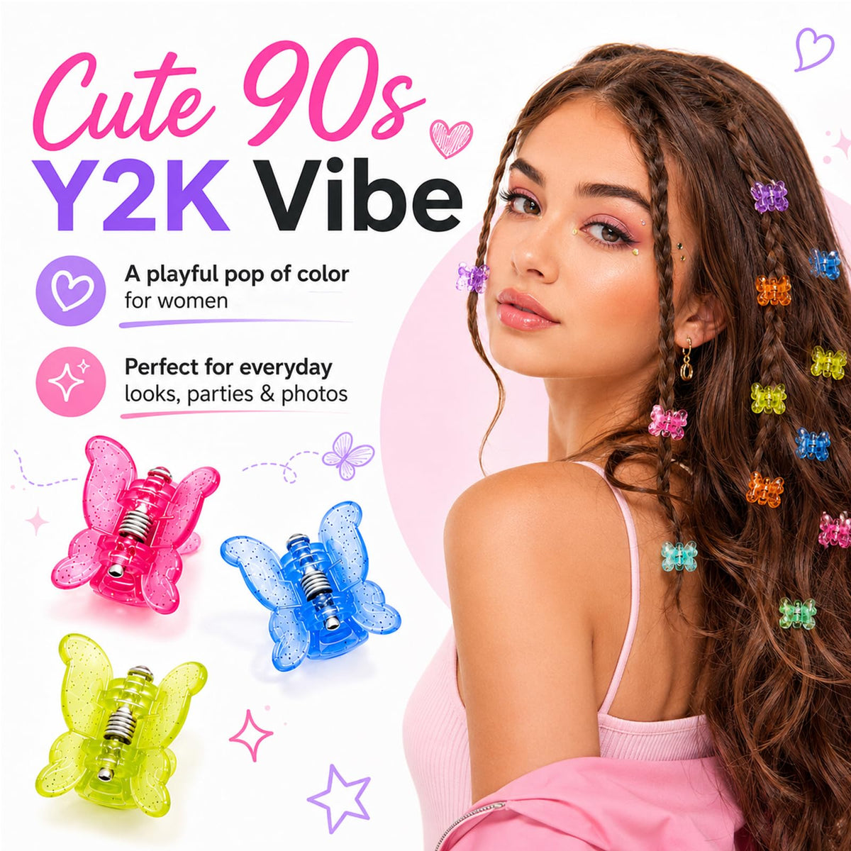 80Pcs Mini Butterfly Hair Clips for Women, 10 Glitter Colors, 0.6inch/1.5cm Tiny Claw Clips, 90s Y2K Hair Accessories, Small Butterfly Hair Clips with Storage Box