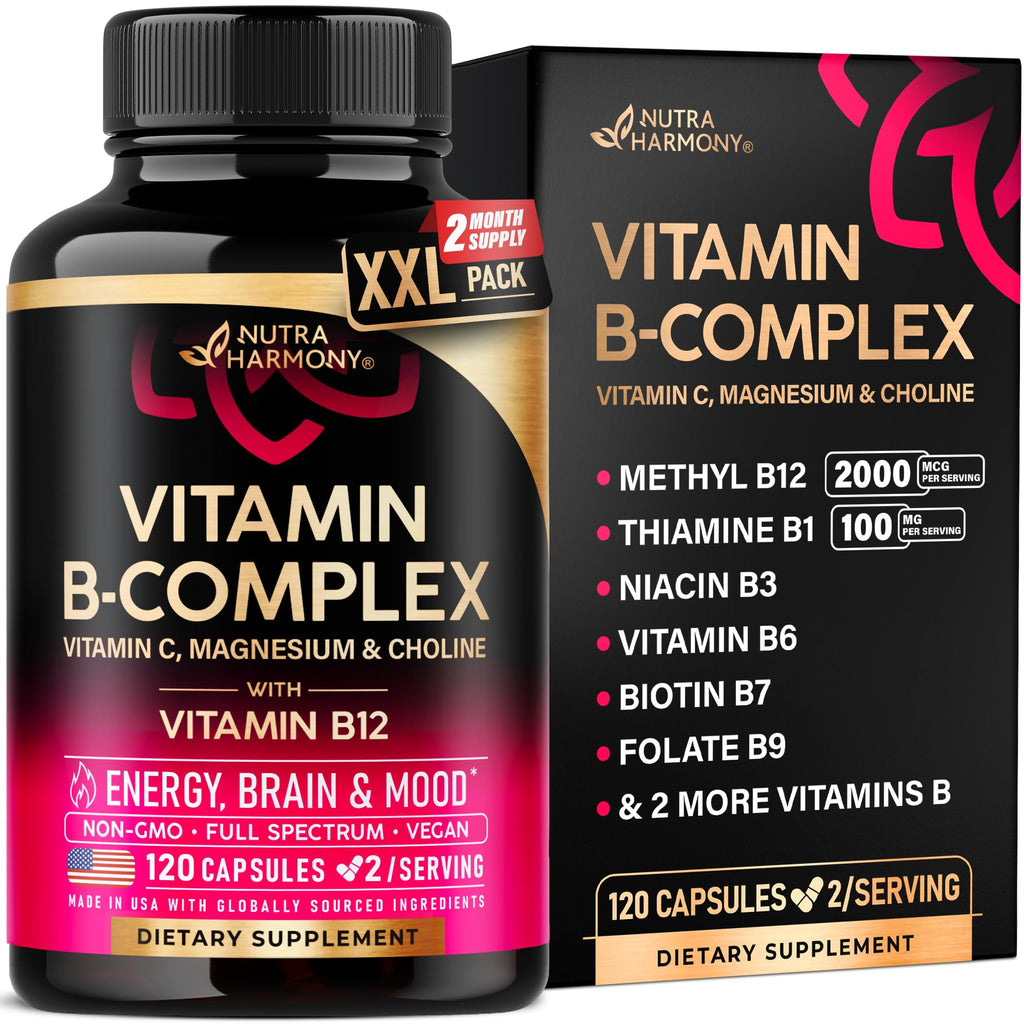 Vitamin B Complex for Men & Women - Full B-Complex & Vitamin B12 - 60 Caps | B1, B2, B3, B5, B6, B7, B9, B12 with Vitamin C, Magnesium, Choline, Inositol - Energy, Brain & Mood Support Supplement