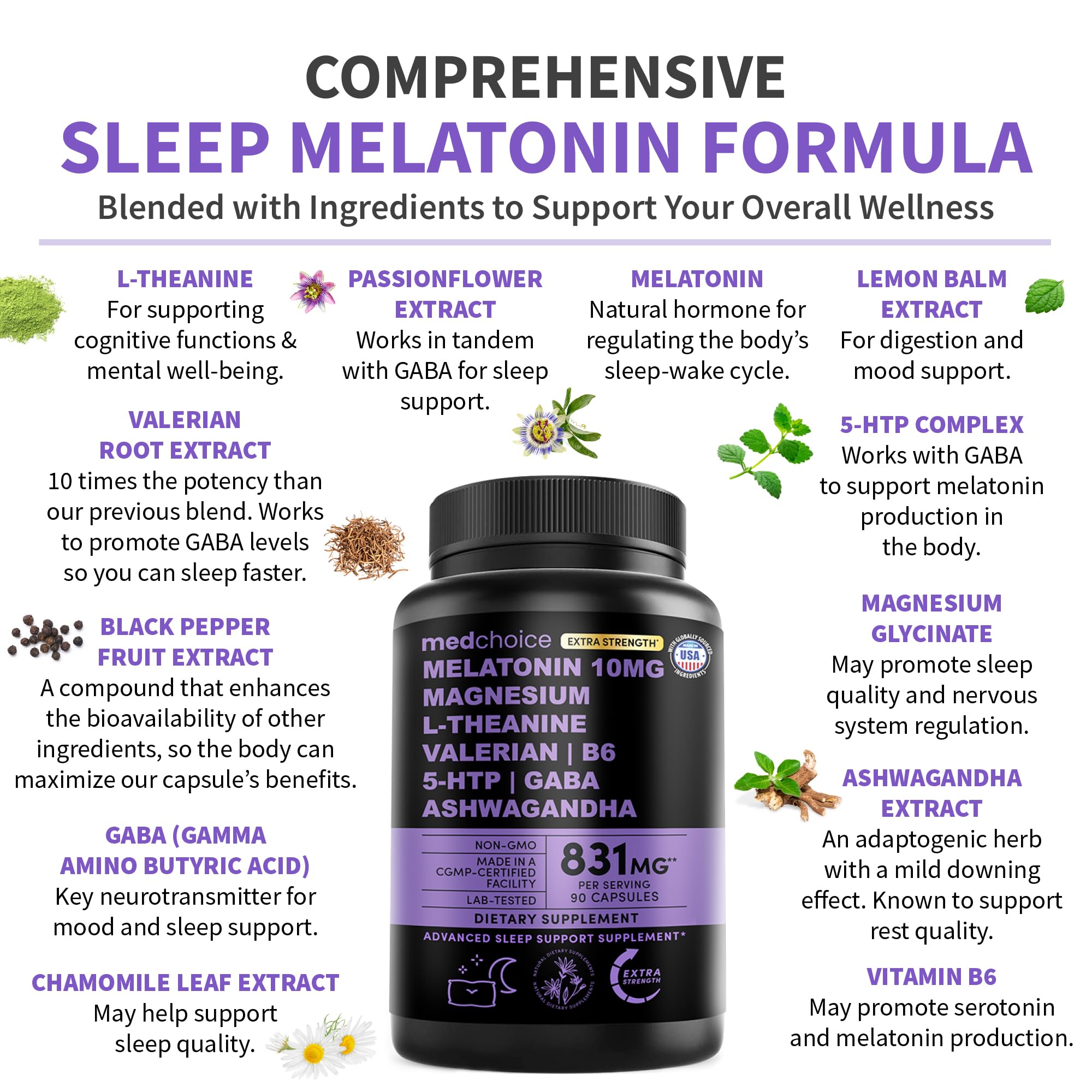 12-in-1 Melatonin Sleep Capsules - 10mg Melatonin Extra Strength with Magnesium and Balanced Blend of Ashwagandha, GABA, Chamomile Extract, L-Theanine & Valerian Root 10:1 Extract (90ct, Pack of 2)