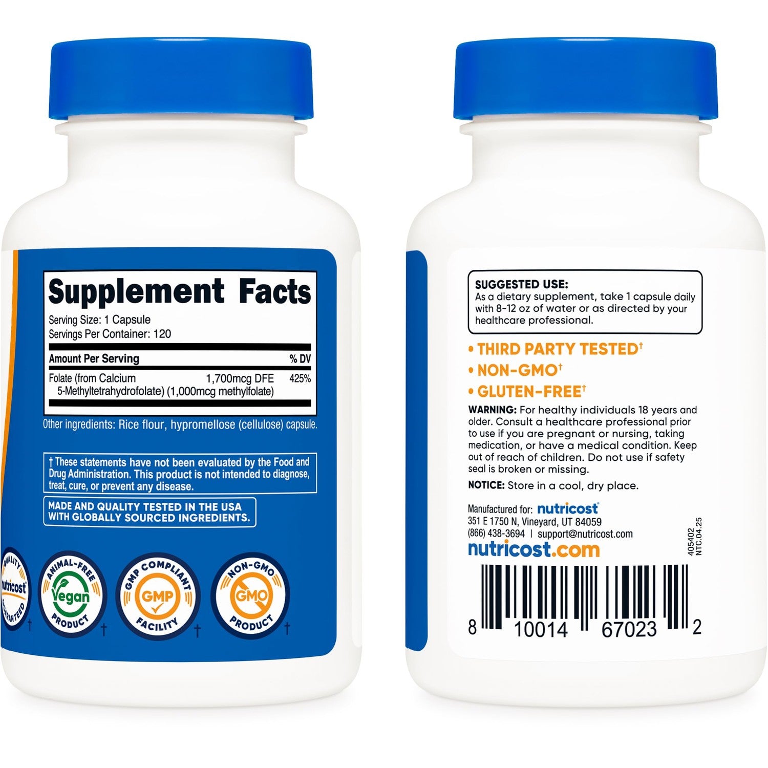 Nutricost Methylfolate 1000mcg, 120 Vegetarian Capsules, Gluten Free | GMO-Free (Methylated Folate)