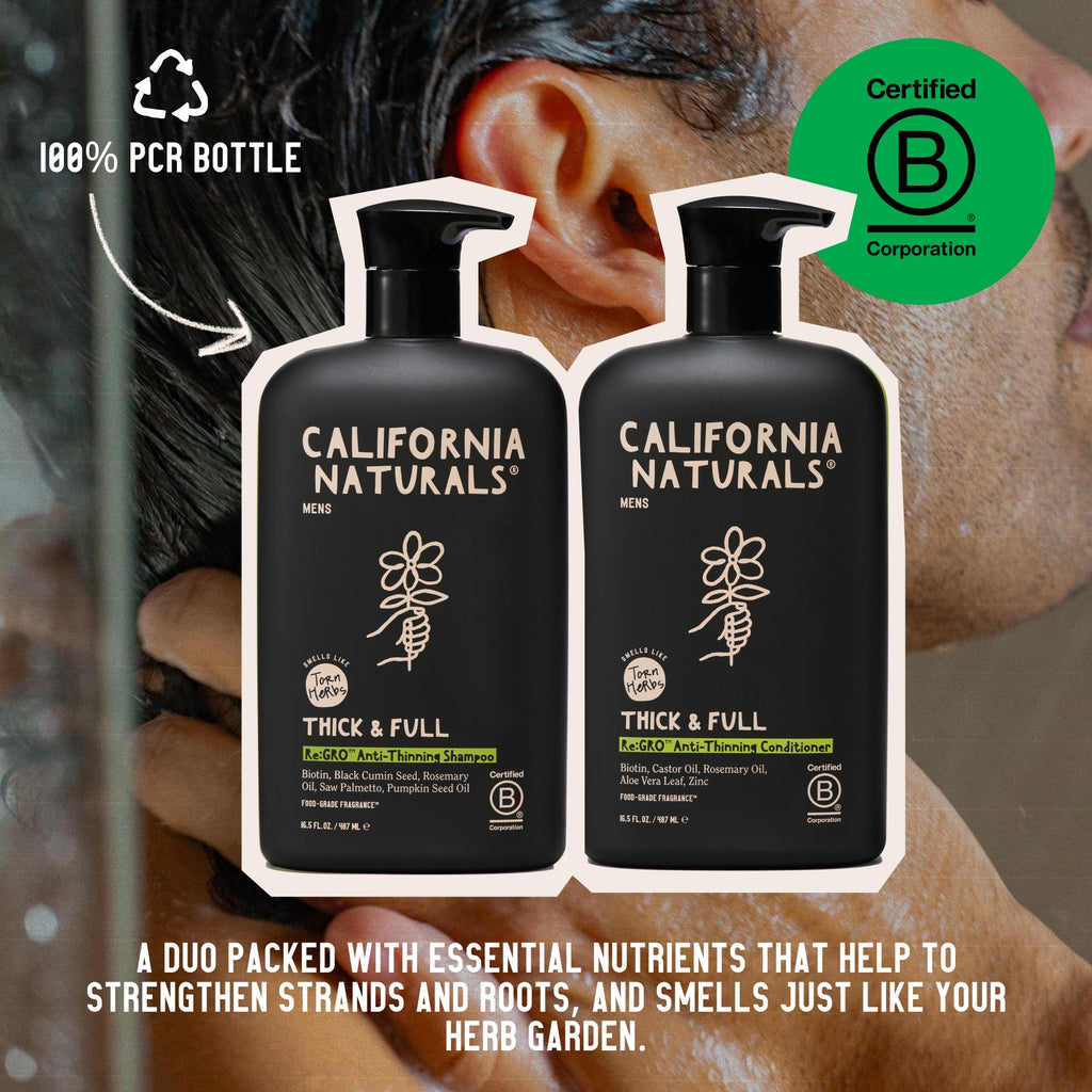 California Naturals Re:GRO Anti-Thinning Shampoo & Conditioner Set for Men, Biotin, Caffeine & Rosemary Oil, Hair Loss & Thinning Hair Support, Sulfate Free, 20 oz