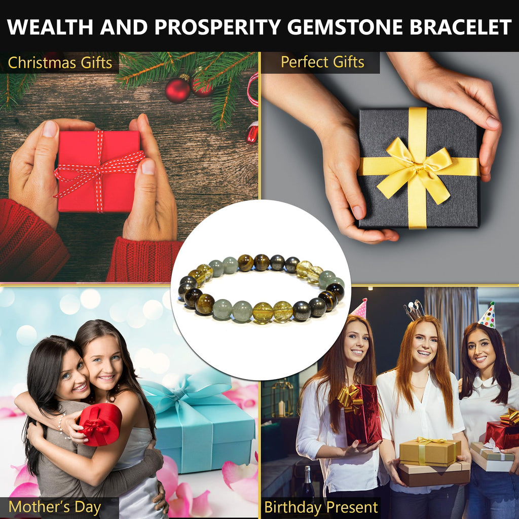 ANAYA AGATE Money Wealth Success Bracelet - Pyrite Green Aventurine Tiger Eye Citrine Bracelet Set for Men Women Healing Calming Anxiety Stress Relief Pulseras Para Hombres Mujer Stocking Stuffers