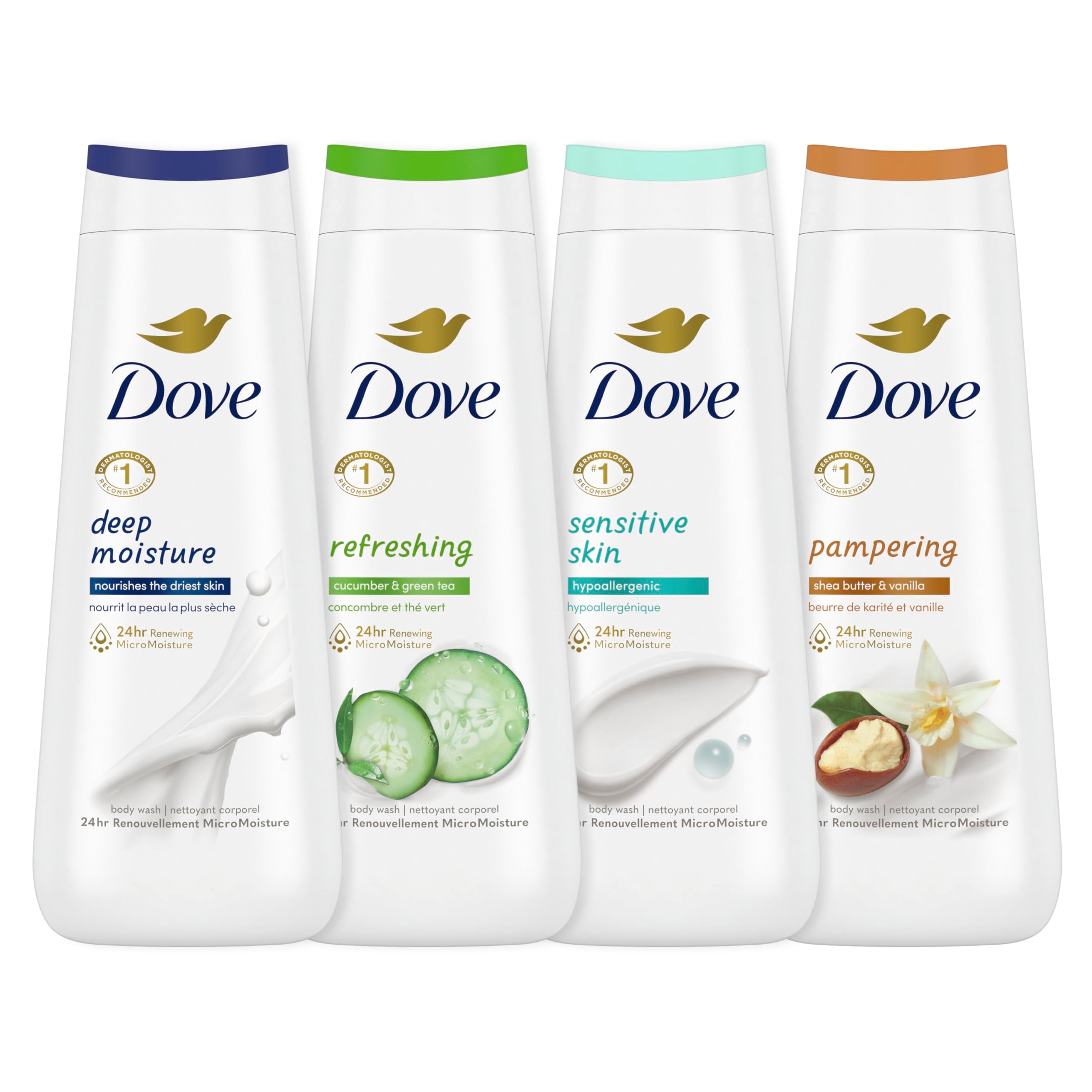 Dove Body Wash Variety Collection 20oz 4ct, Sulfate Free | Variety Pack combines hydration, Deep Moisture and Sensitive Skin, & scent, Shea Butter & Vanilla and Cucumber & Green Tea.