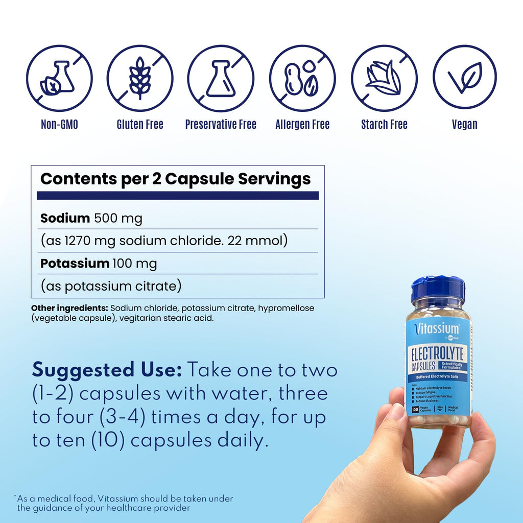 Vitassium Electrolytes Salt Pills for POTS Scientifically Formulated 100ct | Made for POTS & high sodium diets. Developed with patients, doctors and caregivers. 500mg sodium per 2-capsule serving.