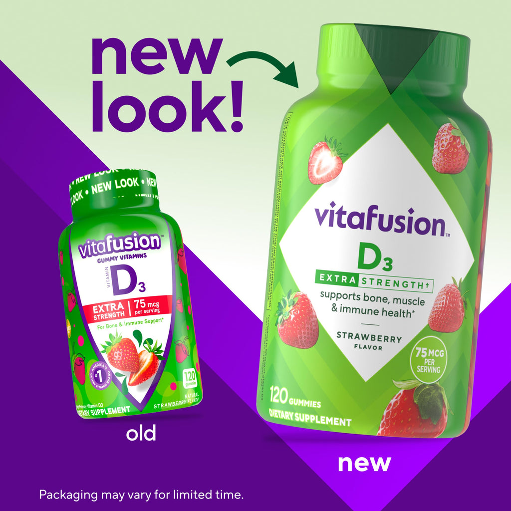 Vitafusion Vitamin D3 Gummies | 75 mcg | 120 Adult Gummy Vitamins | Extra Strength for Women & Men | Strawberry Flavor | Gluten-Free Supplement