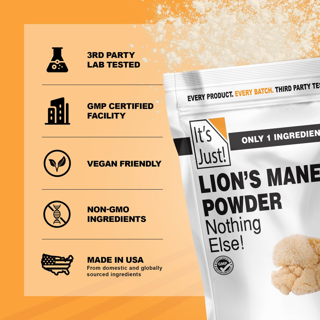 It's Just! - Lion's Mane Mushroom Powder, Natural Raw Superfood, Brain Support, Immune Health, Boost Energy, Non-GMO, 8oz
