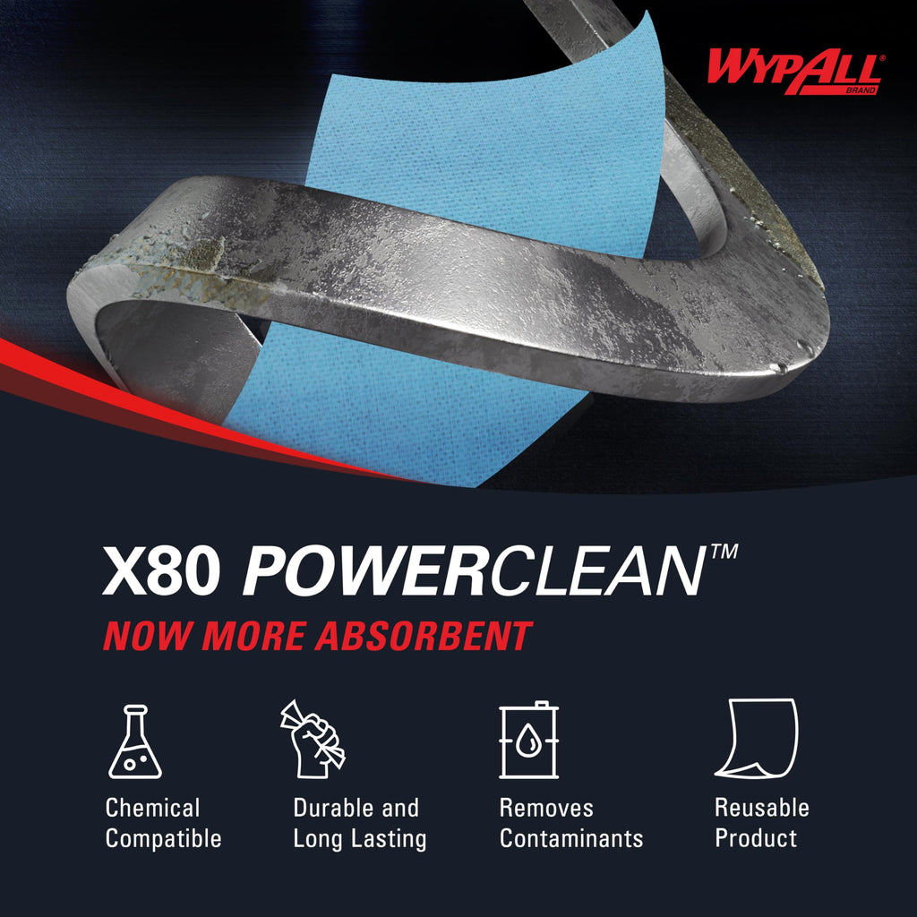 WypAll PowerClean X80 Heavy Duty Cloths, Brag Box, 152 Towels, Blue (41041)