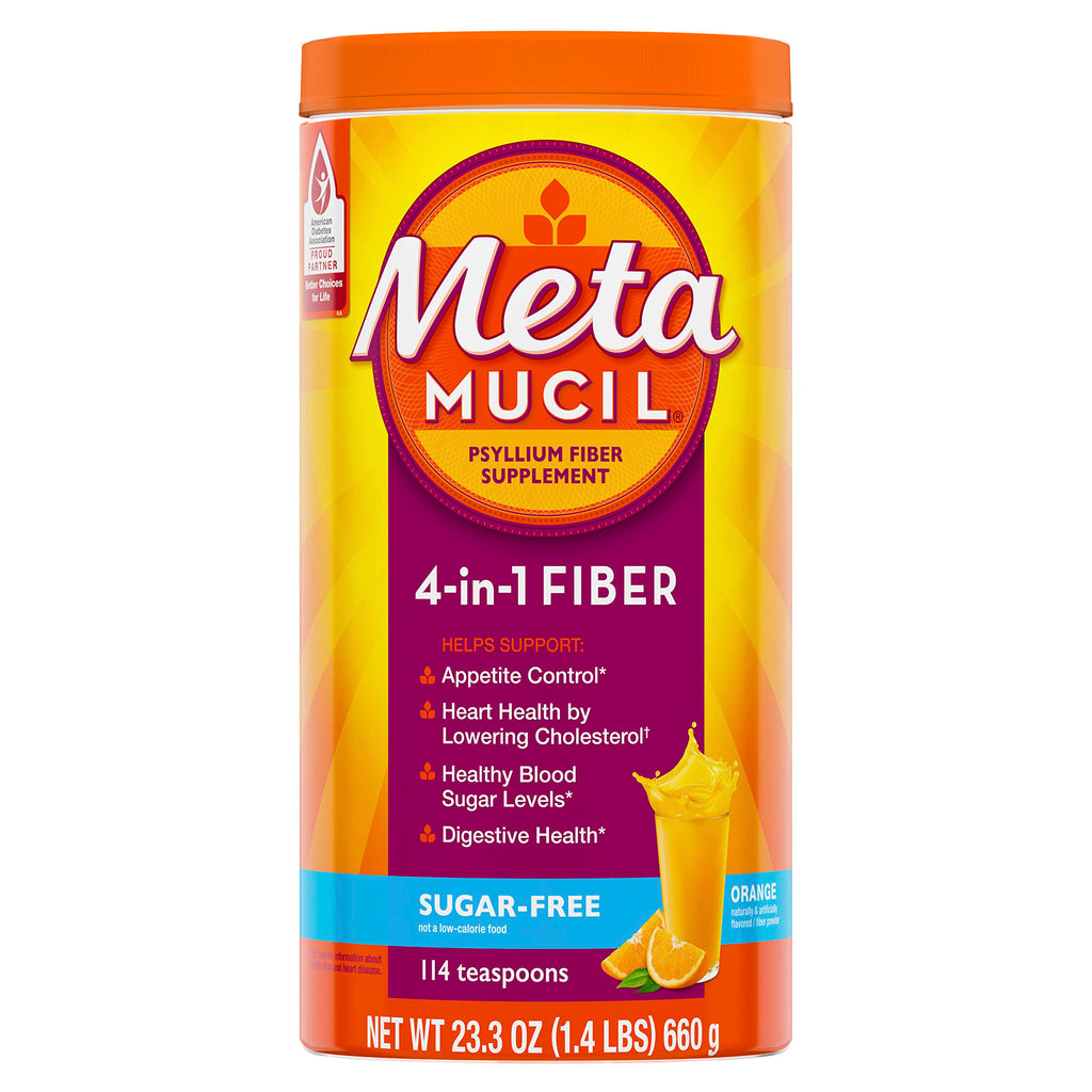 Metamucil 4-in-1 Psyllium Husk GLP-1 Friendly Fiber Supplement, Sugar-Free, 114 teaspoons, Orange Flavored, Daily Fiber Powder for Digestive Health, made with Plant-Based Psyllium Husk Fiber