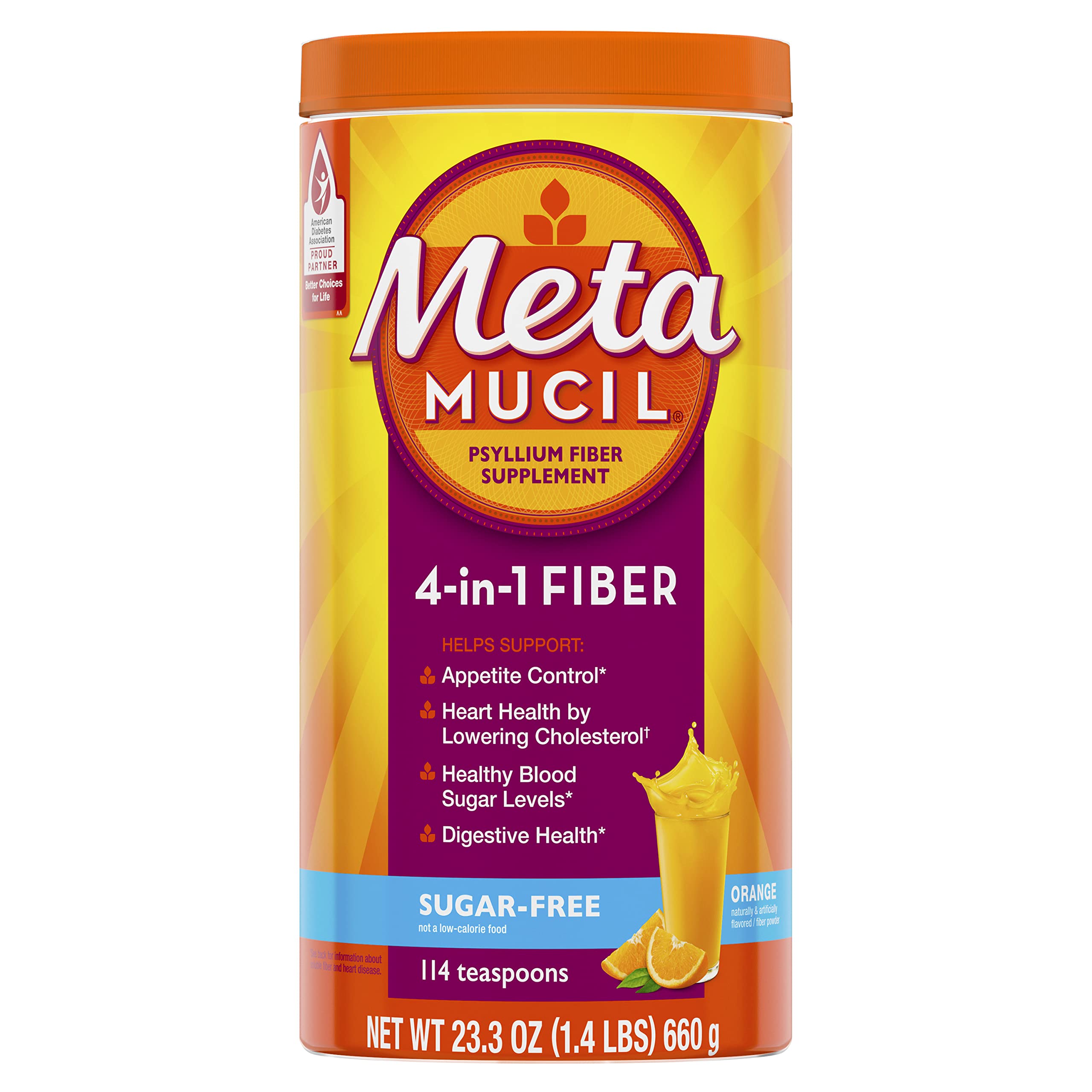 Metamucil 4-in-1 Psyllium Husk GLP-1 Friendly Fiber Supplement, Sugar-Free, 114 teaspoons, Orange Flavored, Daily Fiber Powder for Digestive Health, made with Plant-Based Psyllium Husk Fiber