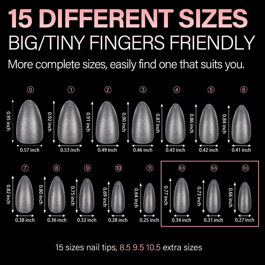 Premium imported AILLSA Short Almond Nail Tips come in 15 sizes, perfect for all finger types, ensuring a flawless manicure.