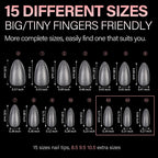 Premium imported AILLSA Short Almond Nail Tips come in 15 sizes, perfect for all finger types, ensuring a flawless manicure.