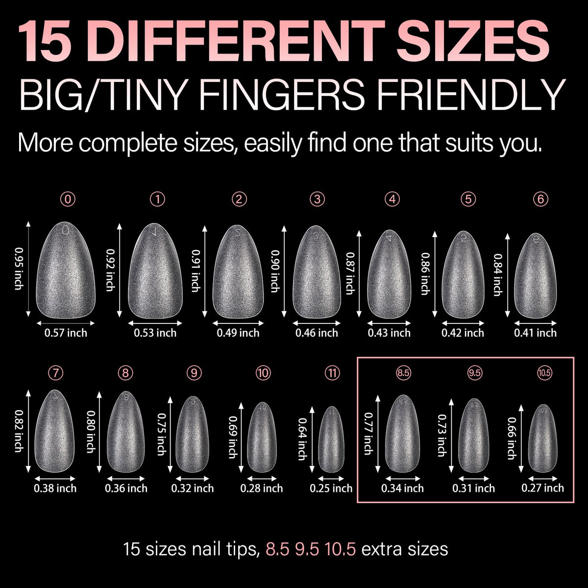 Premium imported AILLSA Short Almond Nail Tips come in 15 sizes, perfect for all finger types, ensuring a flawless manicure.