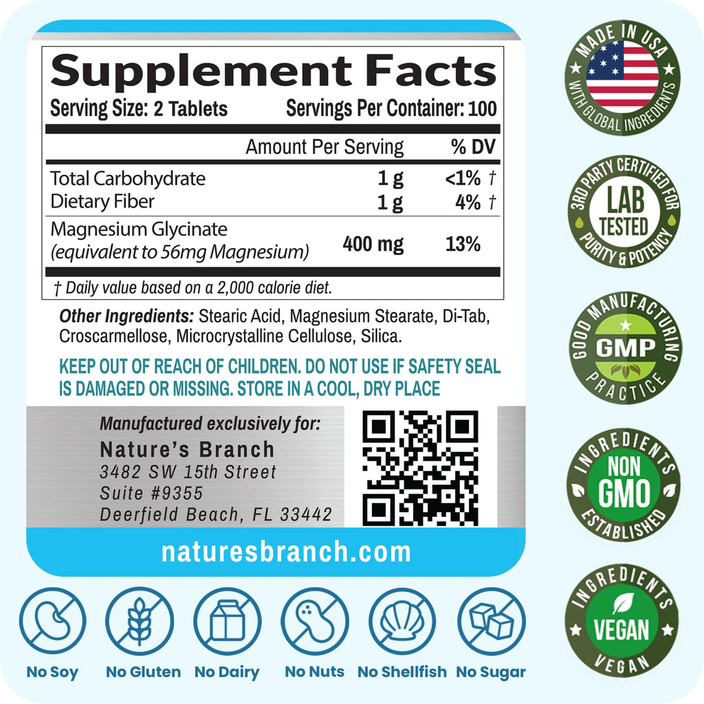 Magnesium Glycinate 400mg | 200 Tablets – High Absorption for Sleep & Heart | Mag Supplements for Cramps, Muscle & Calm – Non Buffered Bisglycinate, Extra Strength for Men and Women, Tablets Not Capsules