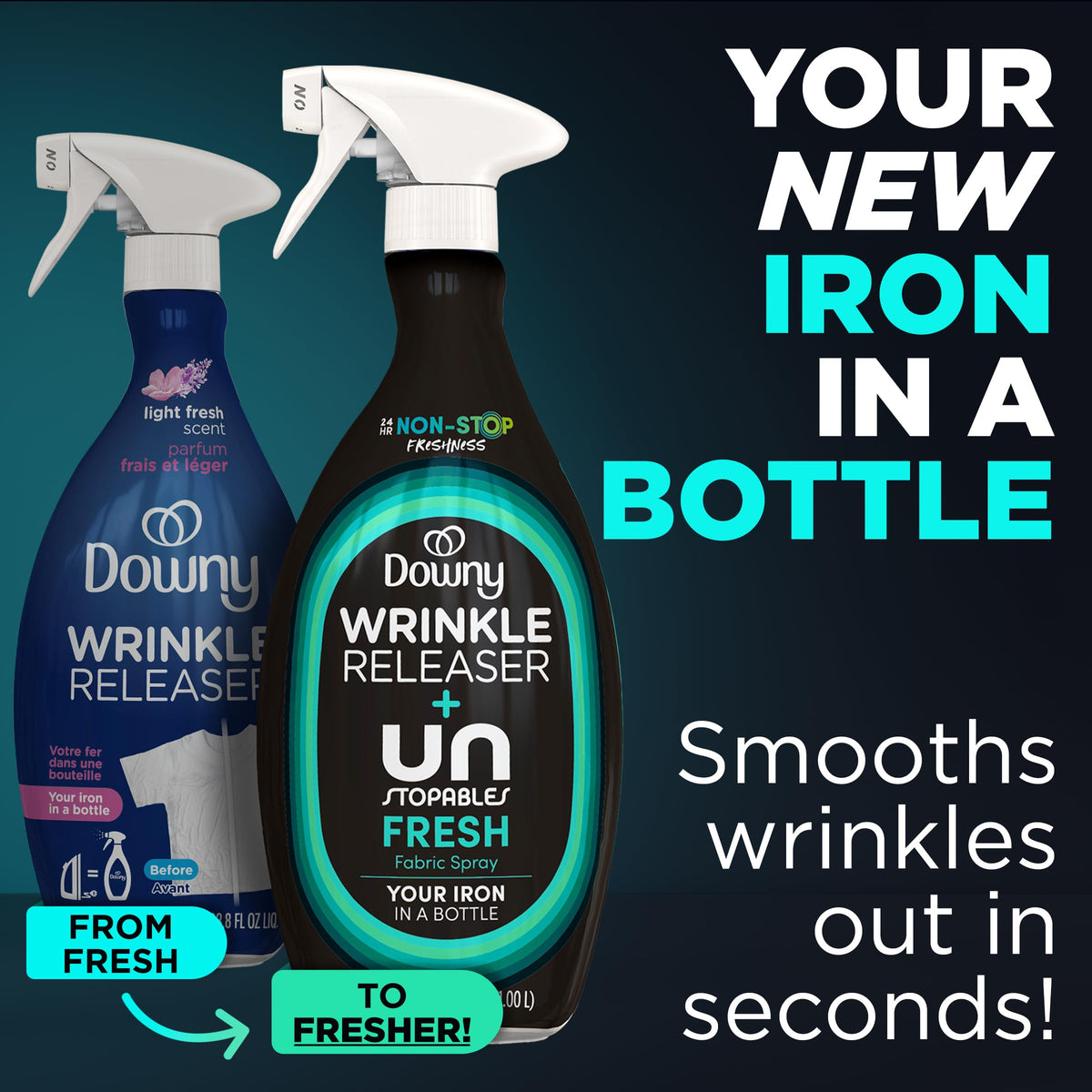 Downy Wrinkle Releaser Spray, Travel Size Spray + 16.9 Fl Oz Pack of 2, All In One Formula, Removes Wrinkles, Static and Odors, Light Fresh Scent