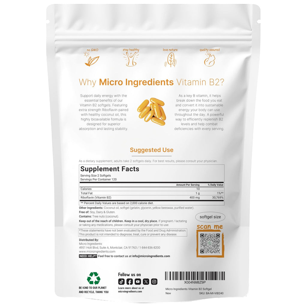 Vitamin B2, Riboflavin 400mg | 240 Softgels with Coconut Oil | Highly Bioavailable | Extra Strength Vitamin B Energy Supplements | Essential B Vitamins for Women & Men | Non-GMO, Gluten Free