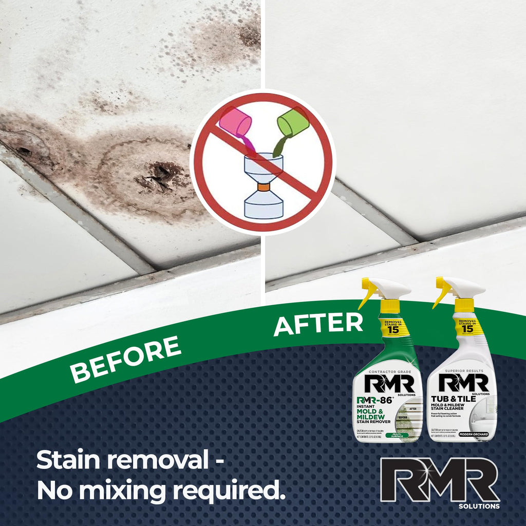 RMR Complete Mold & Mildew Stain Eraser System – No-Scrub Tub & Tile Cleaner + Instant Mold & Mildew Stain Remover Spray, Indoor/Outdoor Bathroom, Shower, Siding, & Deck Cleaning Kit, 2–32 Oz Bottles