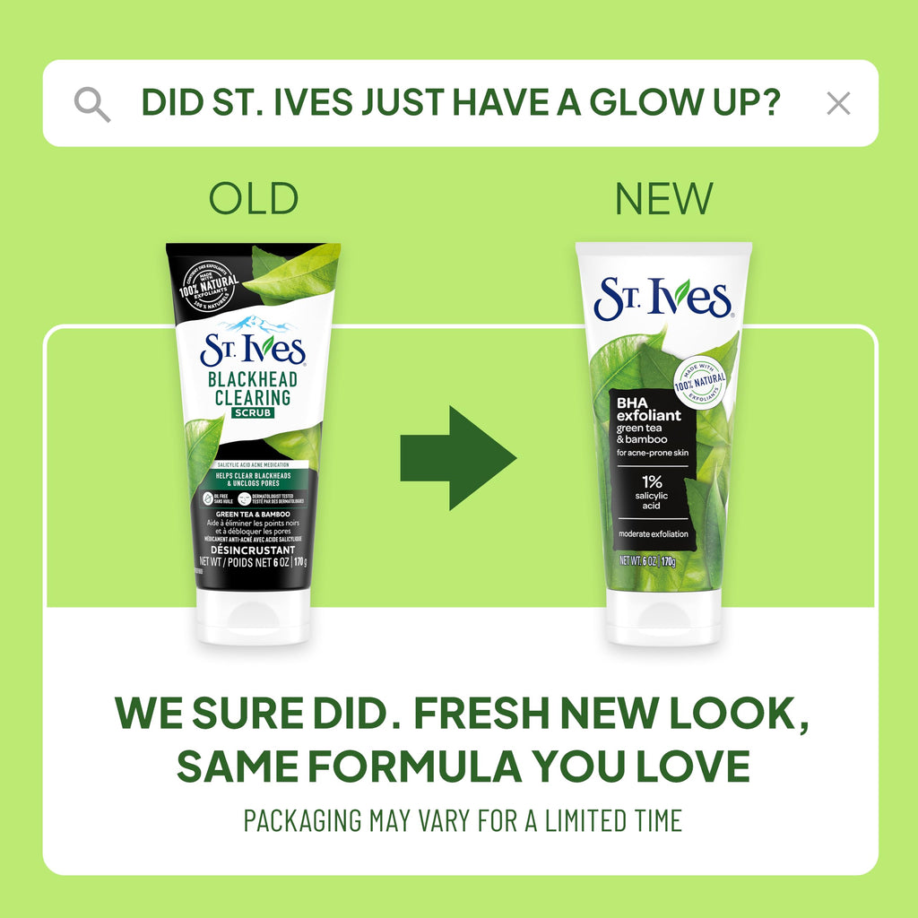 Buy now St. Ives Blackhead Clearing Face Scrub, Clears Blackheads & Unclogs Pores, Green Tea & Bamboo, Salicylic Acid Acne Treatment Facial Scrub, Moderate Exfoliator Skin Care with Natural Exfoliants 6 oz at indiglob india