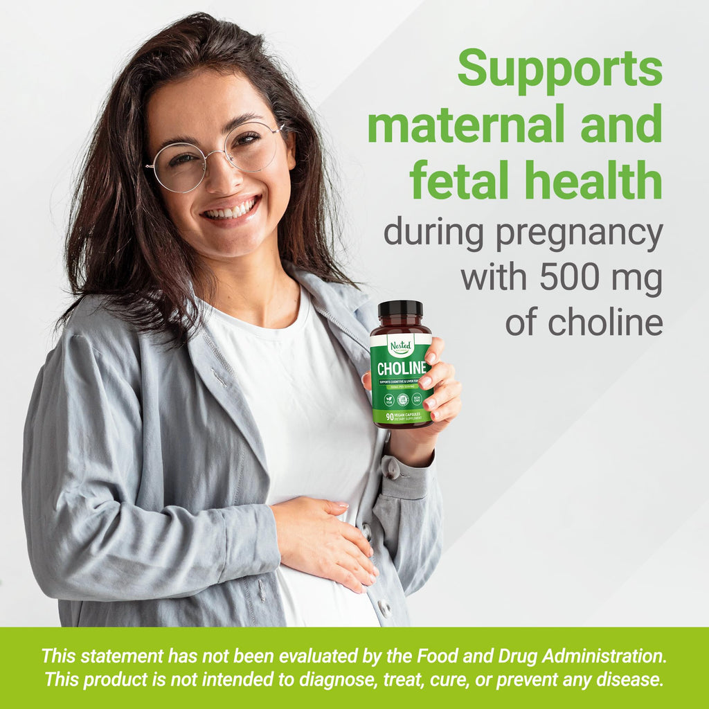 Nested Naturals Choline Bitartrate 500mg Per Serving - High Potency Choline Supplements - Supports Prenatal Maternal & Fetal Health During Pregnancy* - 100% Vegan & Non-GMO - 2-Pack (180 Capsules)