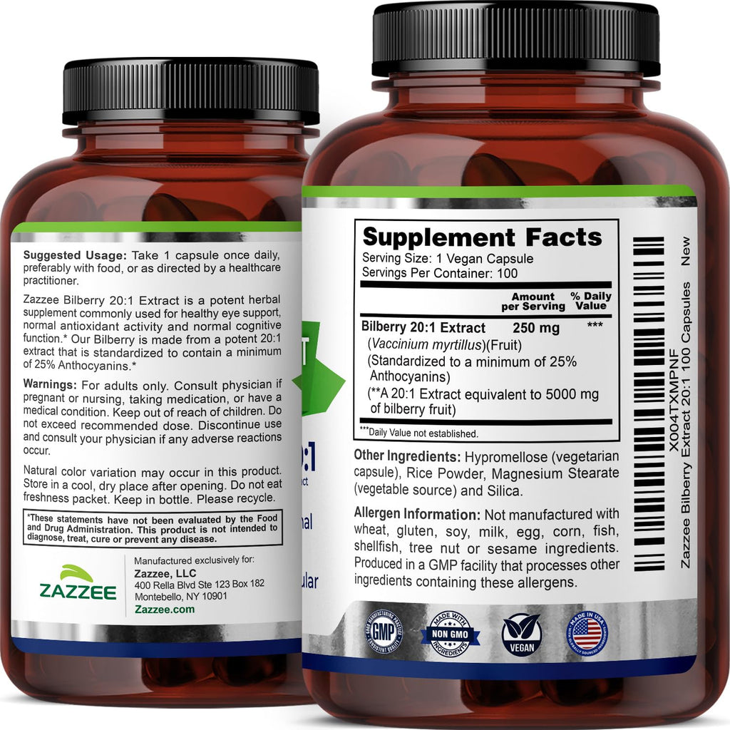 Zazzee Extra Strength Bilberry 20:1 Extract, 25% Anthocyanins, 100 Capsules