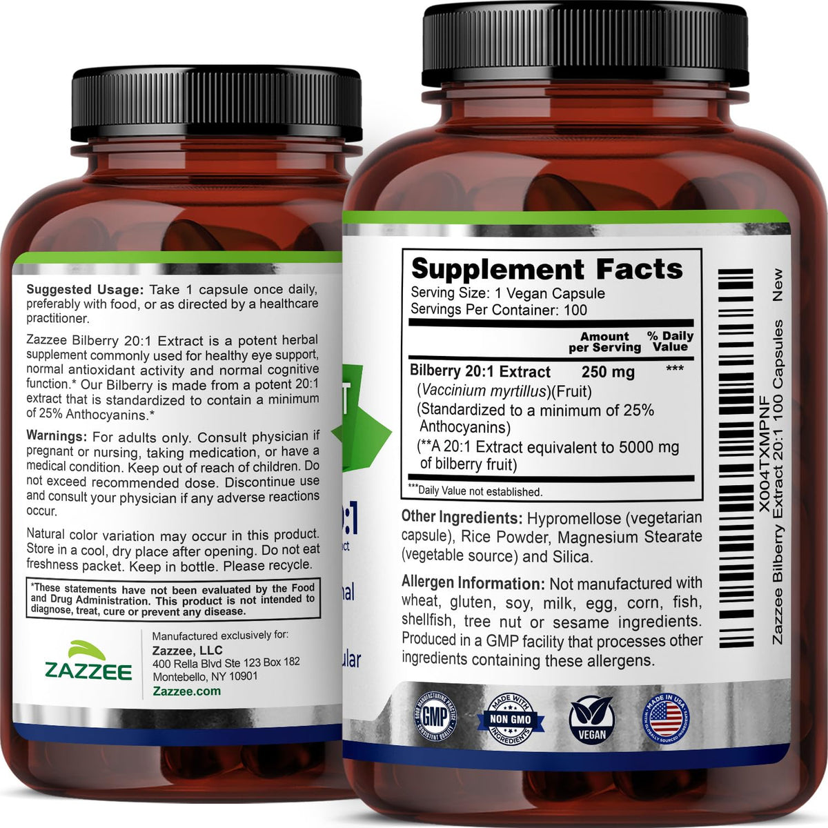 Zazzee Extra Strength Bilberry 20:1 Extract, 25% Anthocyanins, 100 Capsules