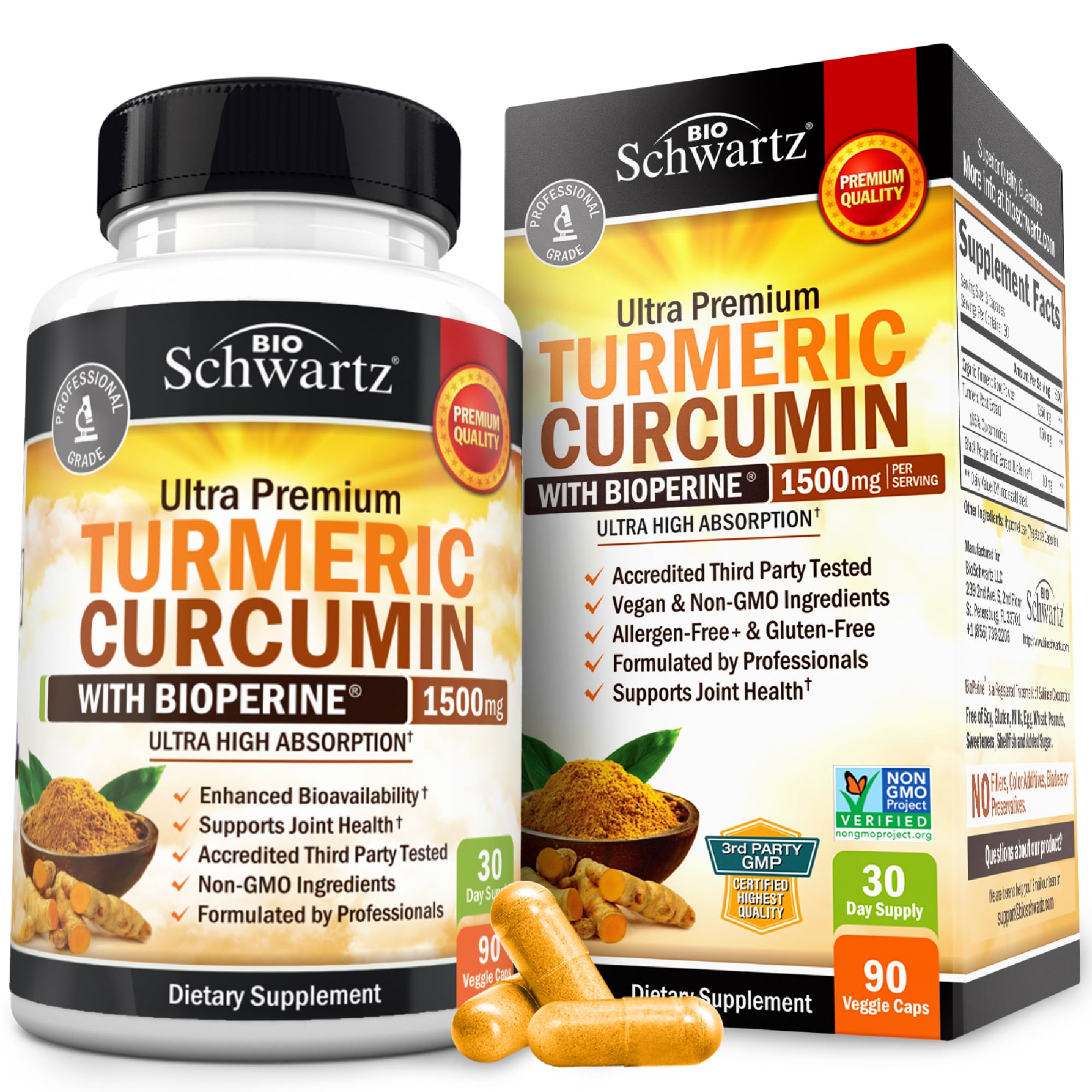 Turmeric Curcumin with Black Pepper Extract 1500mg - Turmeric Supplement | High Absorption Ultra Potent Tumeric Capsules with 95% Curcuminoids and BioPerine for Joint Support - Non-GMO, 90 Capsules