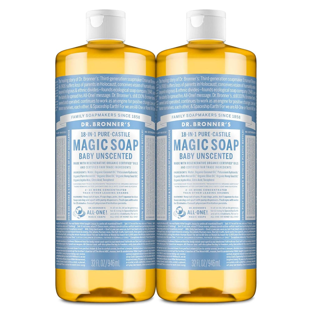 Buy now Dr. Bronner's Magic Soap-Pure-Castile Liquid Soap (Baby Unscented, 32 ounce, 2-Pack)-Regenerative Organic Certified Oils, 18-in-1 Uses: Body, Laundry & Dishes, For Sensitive Skin, No Fragrance 32 Fl Oz (Pack of 2) Unscented at indiglob india