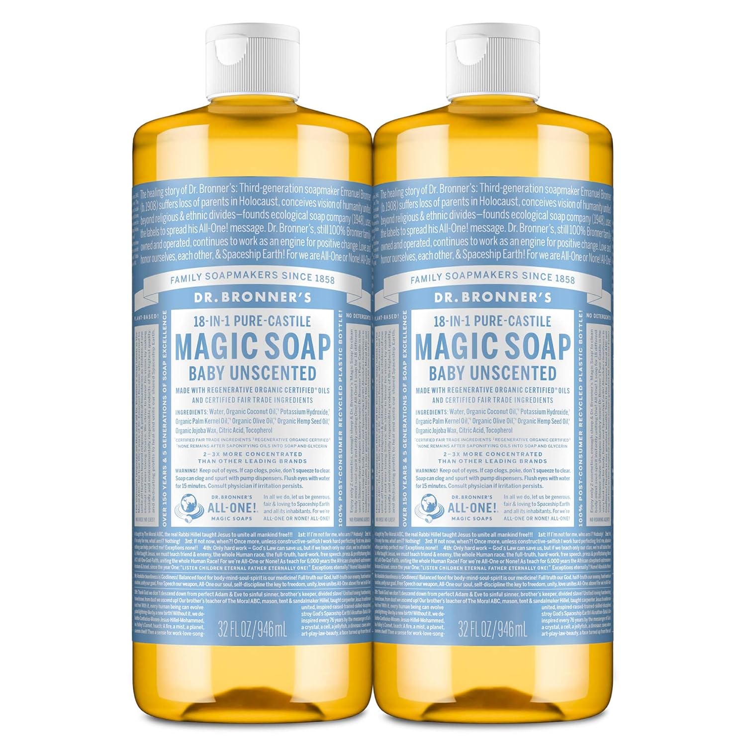 Buy now Dr. Bronner's Magic Soap-Pure-Castile Liquid Soap (Baby Unscented, 32 ounce, 2-Pack)-Regenerative Organic Certified Oils, 18-in-1 Uses: Body, Laundry & Dishes, For Sensitive Skin, No Fragrance 32 Fl Oz (Pack of 2) Unscented at indiglob india