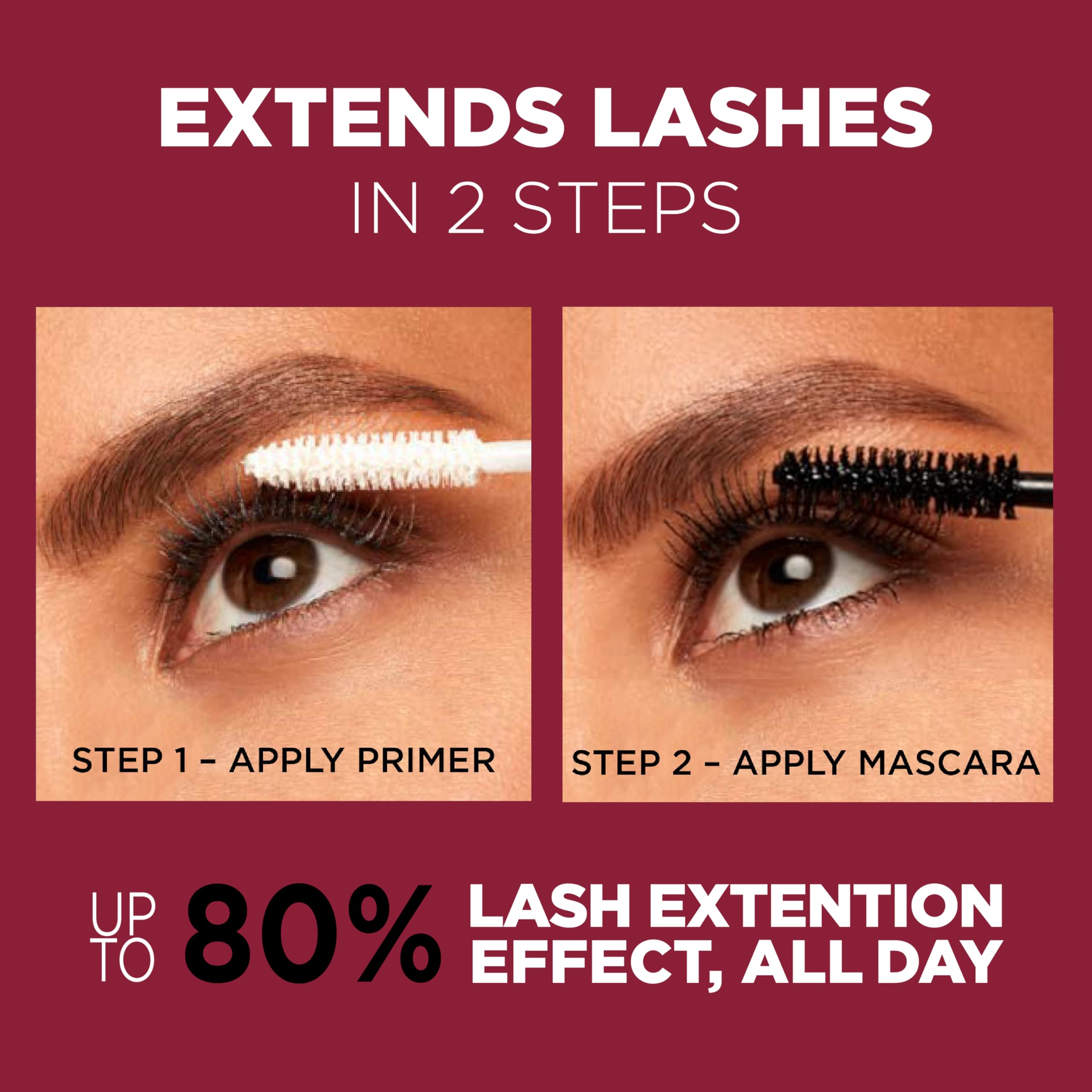 L'Oreal Paris Makeup Double Extend Tubing Mascara, Lengthening 2 Step Mascara, Smudgeproof, Black, Pack of 2