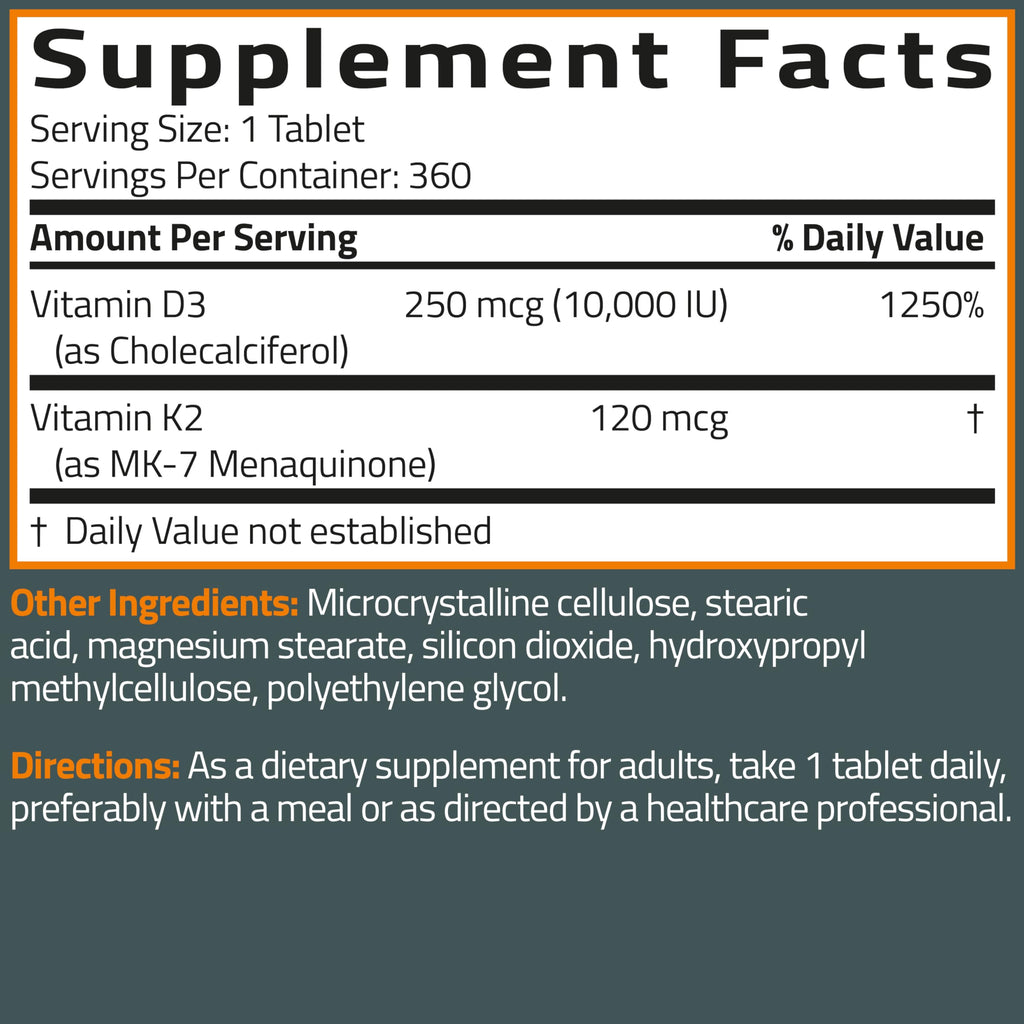 Bronson Vitamin K2 MK-7 + D3 10,000 IU Extra Strength, 360 Tablets | 120 mcg Vitamin K2 as MK-7 per Tablet, Bone Health Support, Non-GMO, Gluten-Free & Soy-Free