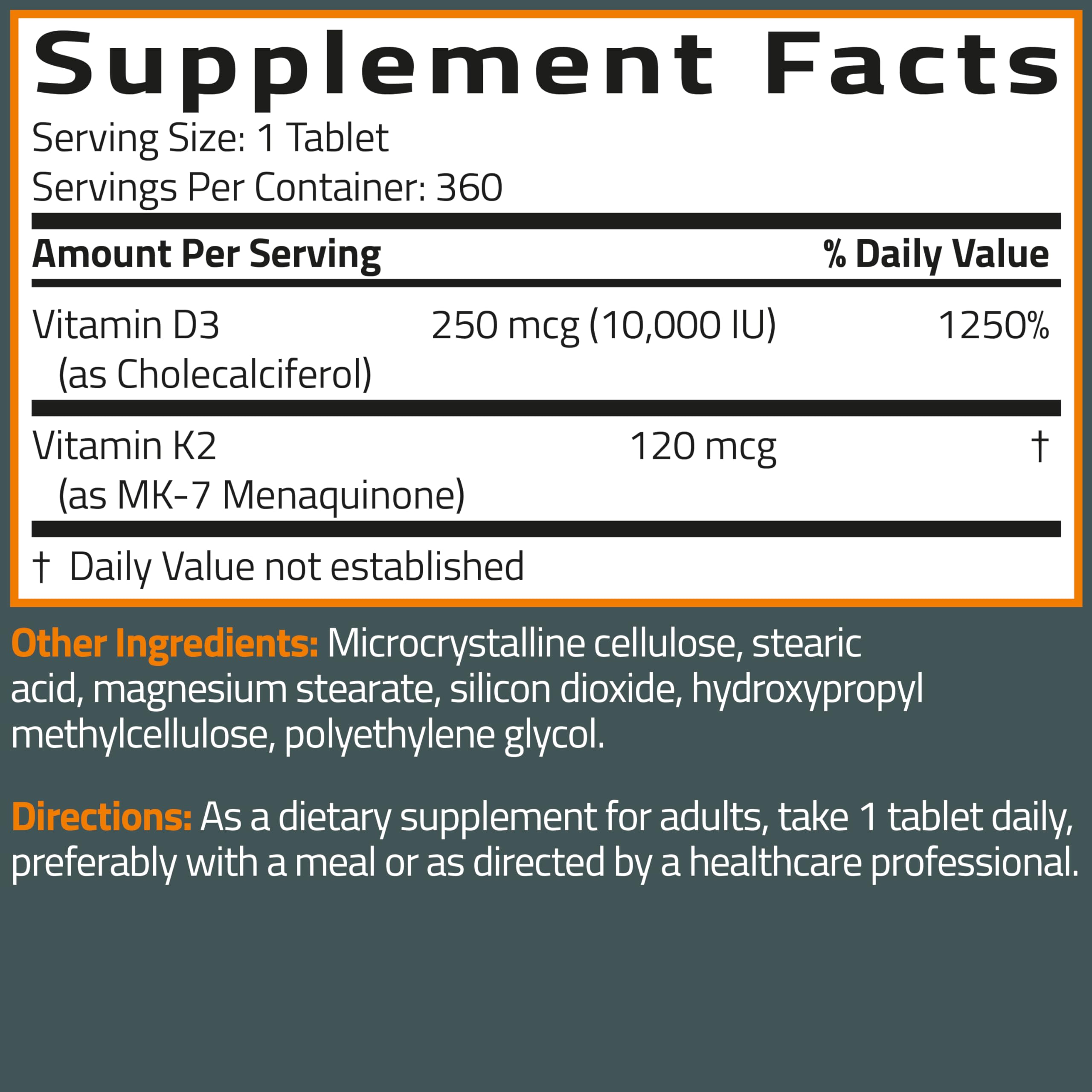 Bronson Vitamin K2 MK-7 + D3 10,000 IU Extra Strength, 360 Tablets | 120 mcg Vitamin K2 as MK-7 per Tablet, Bone Health Support, Non-GMO, Gluten-Free & Soy-Free