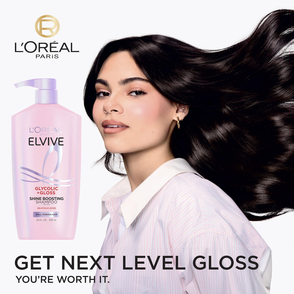 L'Oreal Paris Elvive Glycolic + Gloss Shine Boosting Shampoo, Cleanses and Smooths Dull, Porous Hair Into High-Shine, Glossy Hair, 28 Fl Oz