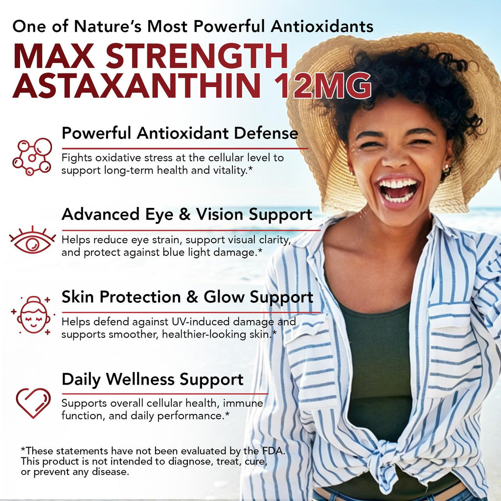 Astaxanthin 12mg & Lutein 40mg with Zeaxanthin Supplements, Fresh Microalgae Source, Supports Eye, Skin, Antioxidant, Joint, Circulatory Health, Gluten Free, 4 Month Supply | 120 Softgels